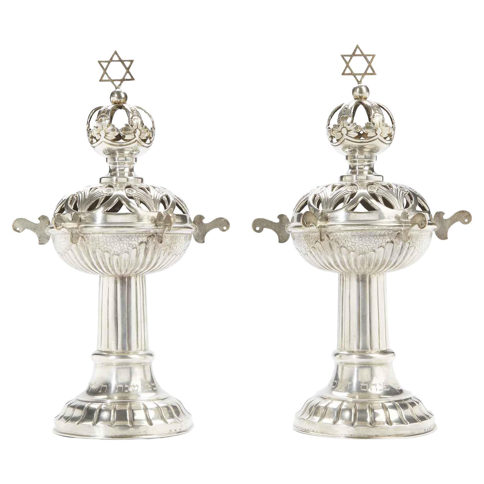 Pair of Silver Torah Finials Rimonim Czechoslovakian 1938 Judaica 