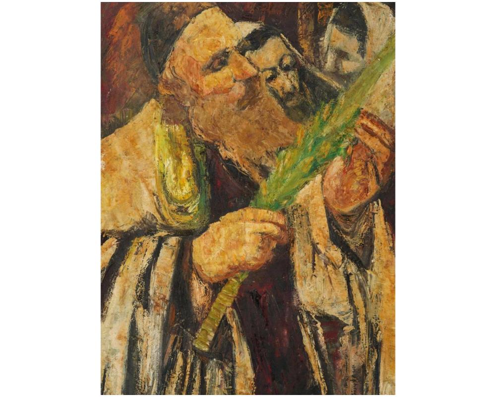 Unknown Judaica Portrait Oil Painting of a Rabbi Examining the Lulav Signed Rosendall For Sale