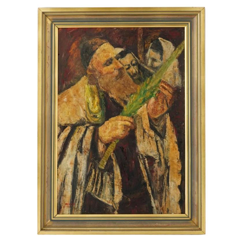 Judaica Ritratto a olio di un rabbino che esamina il Lulav firmato Rosendall