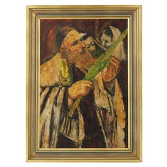 Judaica Retrato Pintura al Óleo de un Rabino Examinando el Lulav Firmado Rosendall