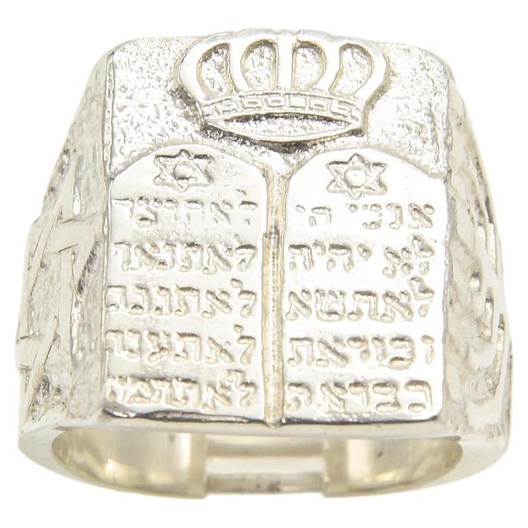 Judaica Ten Commandments Menorah Star of David Men's Sterling Silver Ring