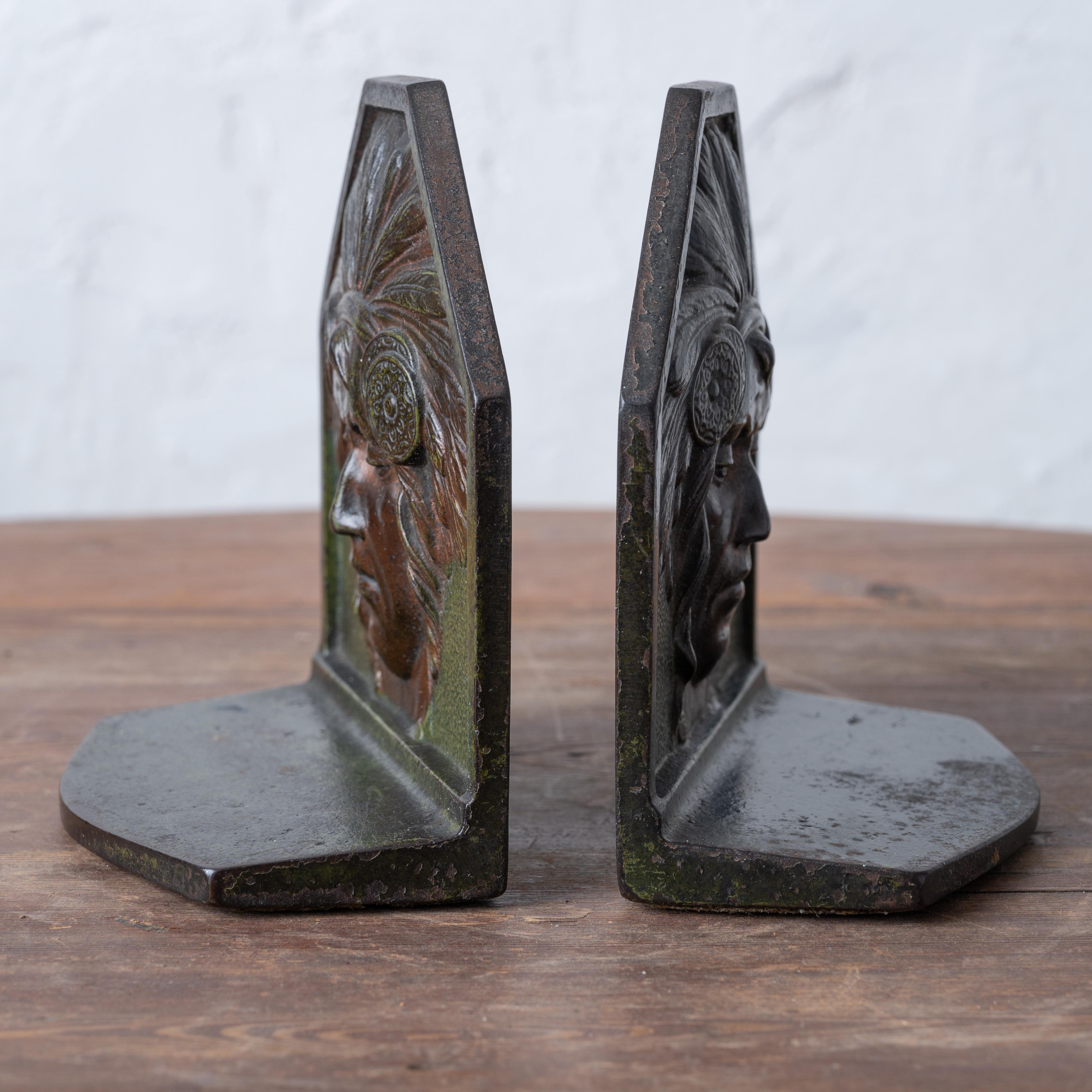 20th Century Judd Bronze Native American Bookends, 1920s