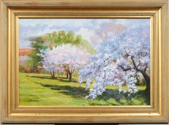 Vintage American Modernist Cherry Blossom Signed Large Landscape Oil Painting