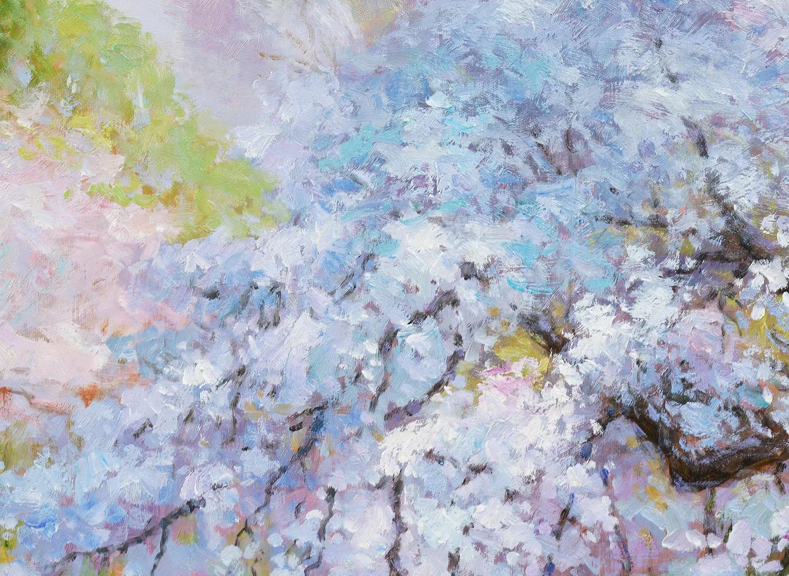 Vintage American Modernist Cherry Blossom Signed Large Landscape Oil Painting en vente 1