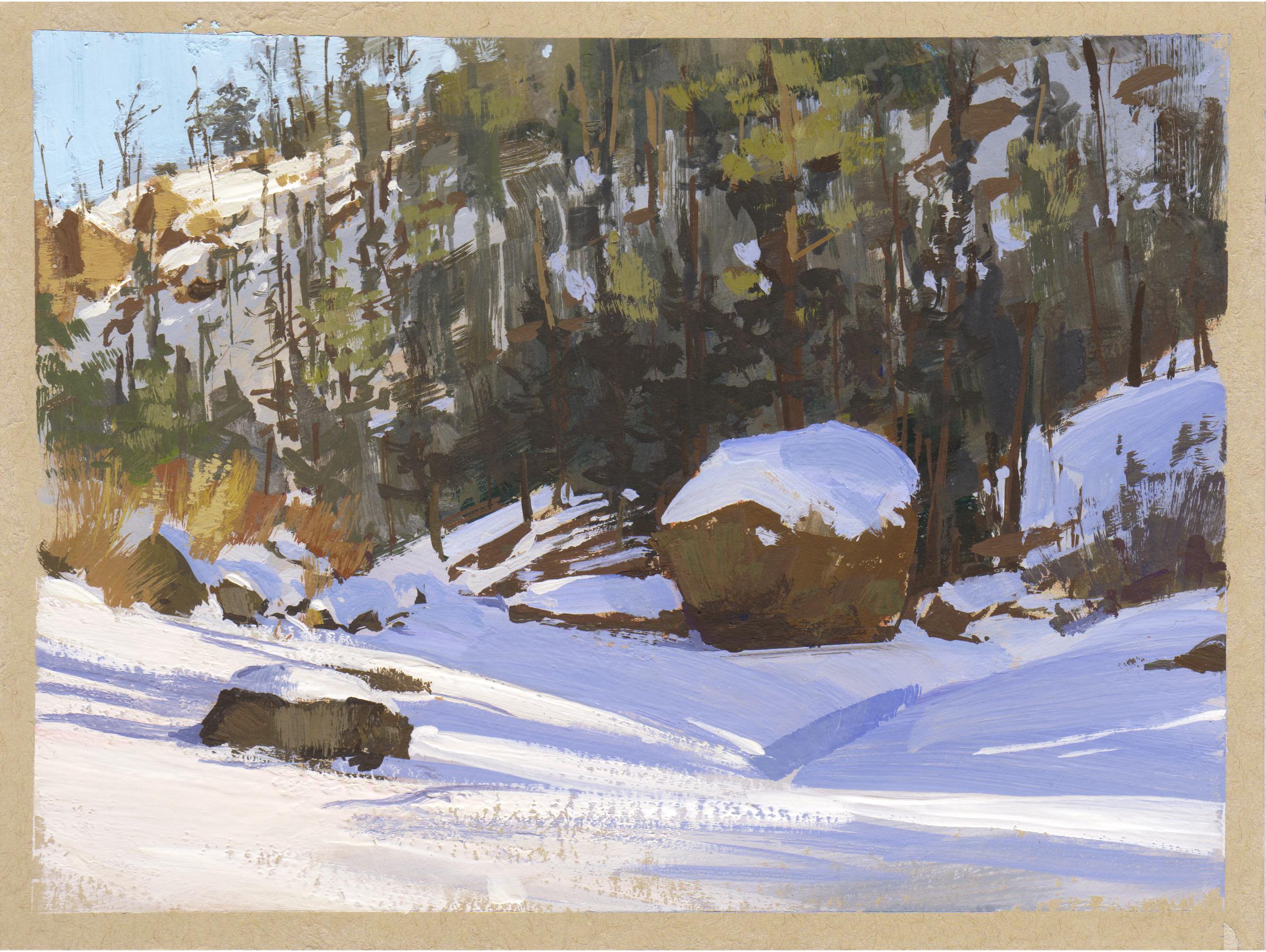 Judd Mercer (USA) "008 - Plein Air-Cathedral Spires, CO" è un dipinto a guazzo che raffigura una foresta innevata sul fianco di una montagna.

Biografia/dichiarazione dell'artista
Judd Mercer è un pittore di paesaggi contemporanei e nativo del