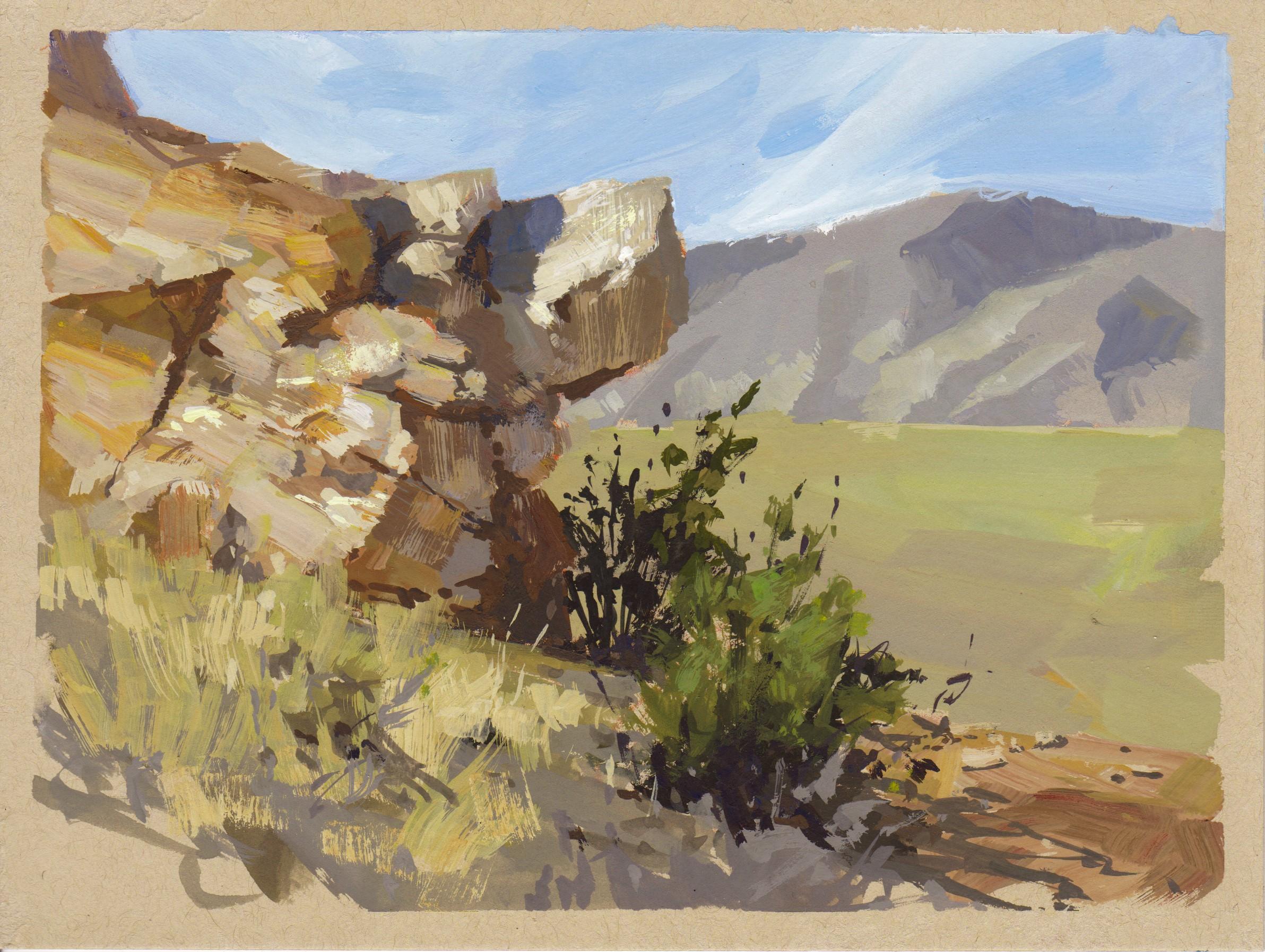 027 - Plein Air-Golden, CO", de Judd Mercer (EEUU), es una pintura al gouache que representa un pequeño acantilado en la ladera de una montaña.
 
Biografía/declaración del artista
Judd Mercer es un paisajista contemporáneo y nativo de Colorado