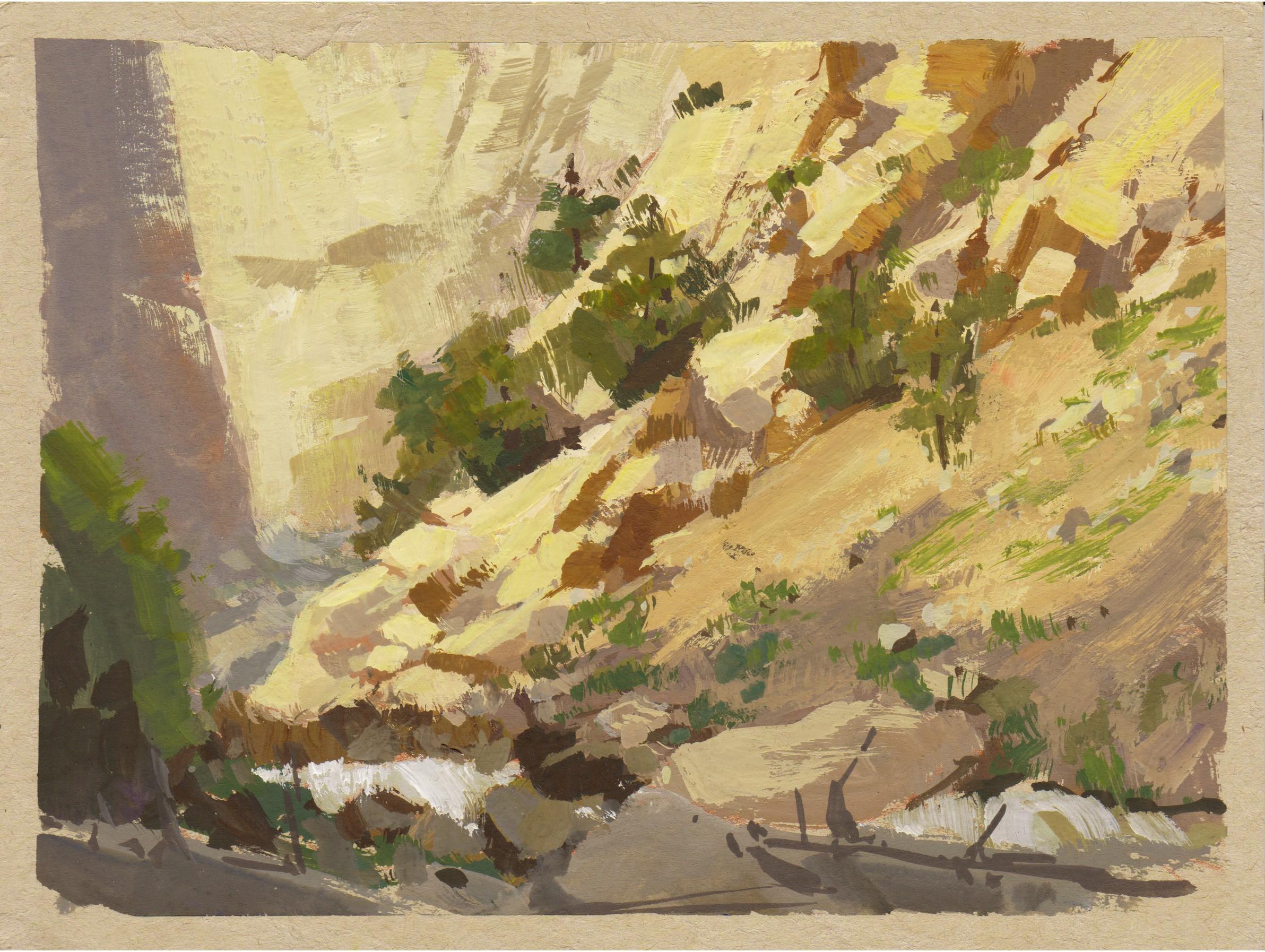 Judd Mercer (USA) "041 - Plein Air-Boulder Falls, CO" è un dipinto a guazzo che raffigura un ruscello sul fianco di una scogliera.
 
Biografia/dichiarazione dell'artista
Judd Mercer è un pittore di paesaggi contemporanei e nativo del Colorado