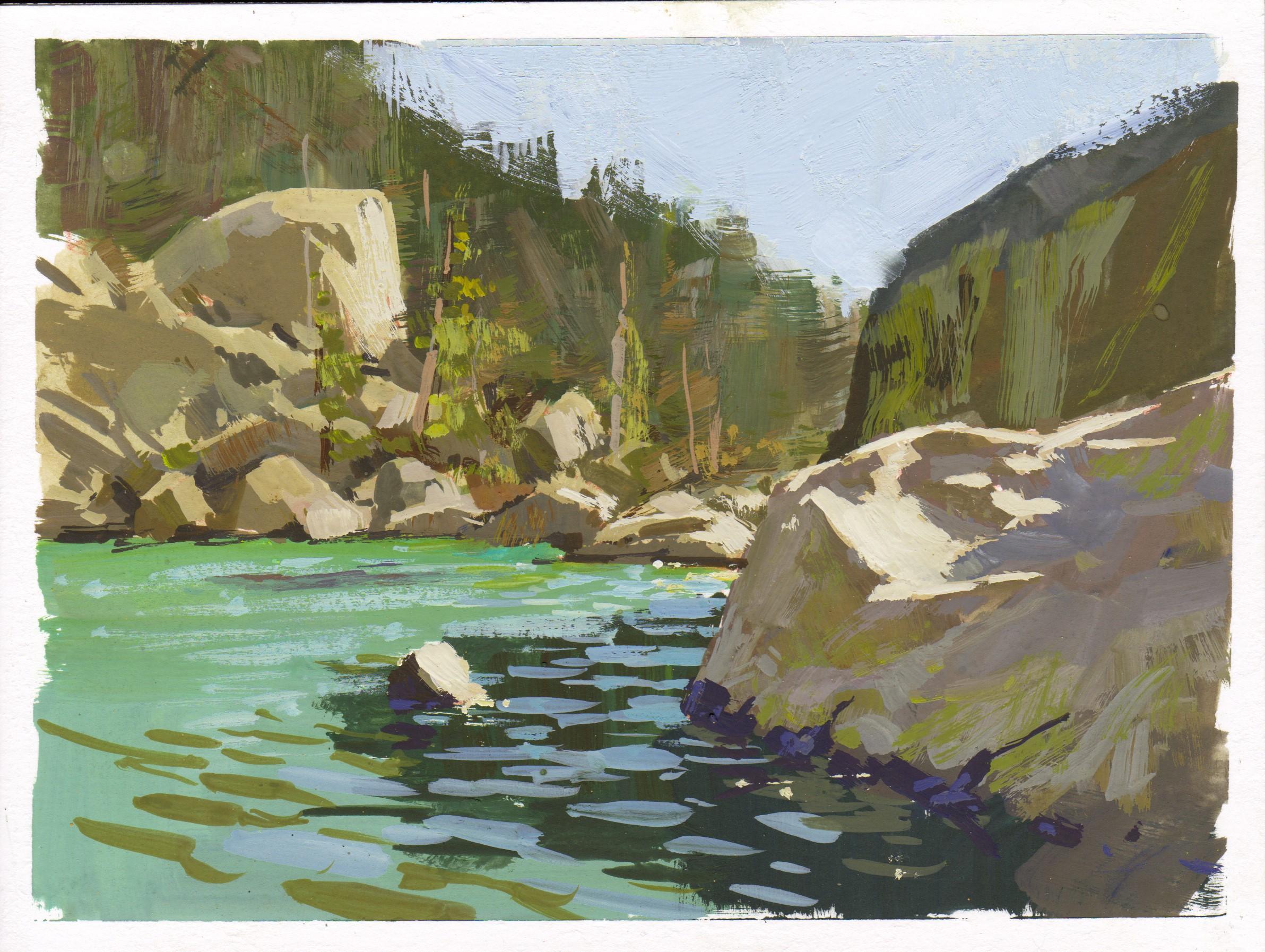 La obra "043 - Plein Air-Lake Haiyaya, CO" de Judd Mercer (EEUU) es una pintura al gouache que representa un río.
 
Biografía/declaración del artista
Judd Mercer es un paisajista contemporáneo y nativo de Colorado obsesionado con contar historias a