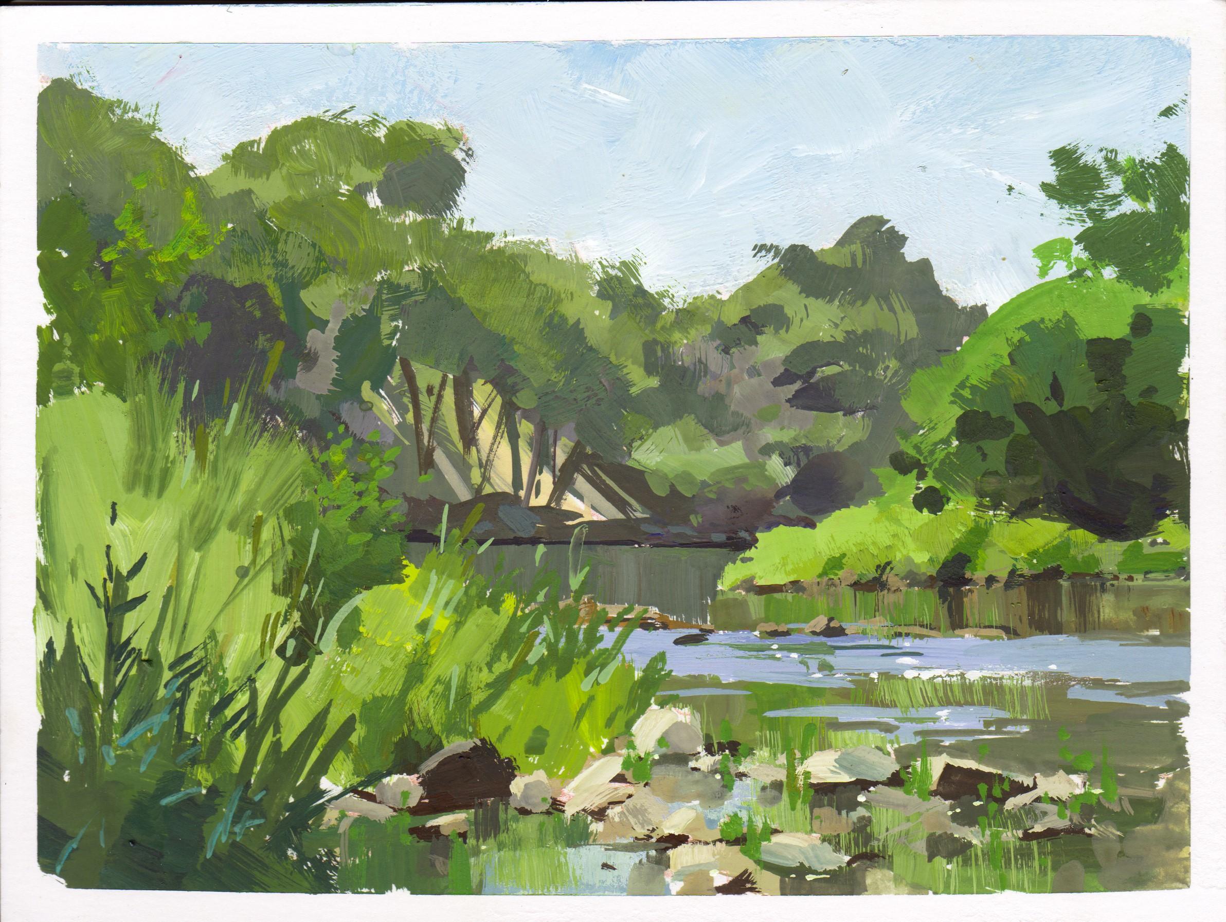 Judd Mercer (USA) "046 - Plein Air-Star K Ranch, CO" è un dipinto a guazzo che raffigura un fiume in una foresta verdeggiante.
 
Biografia/dichiarazione dell'artista
Judd Mercer è un pittore di paesaggi contemporanei e nativo del Colorado
