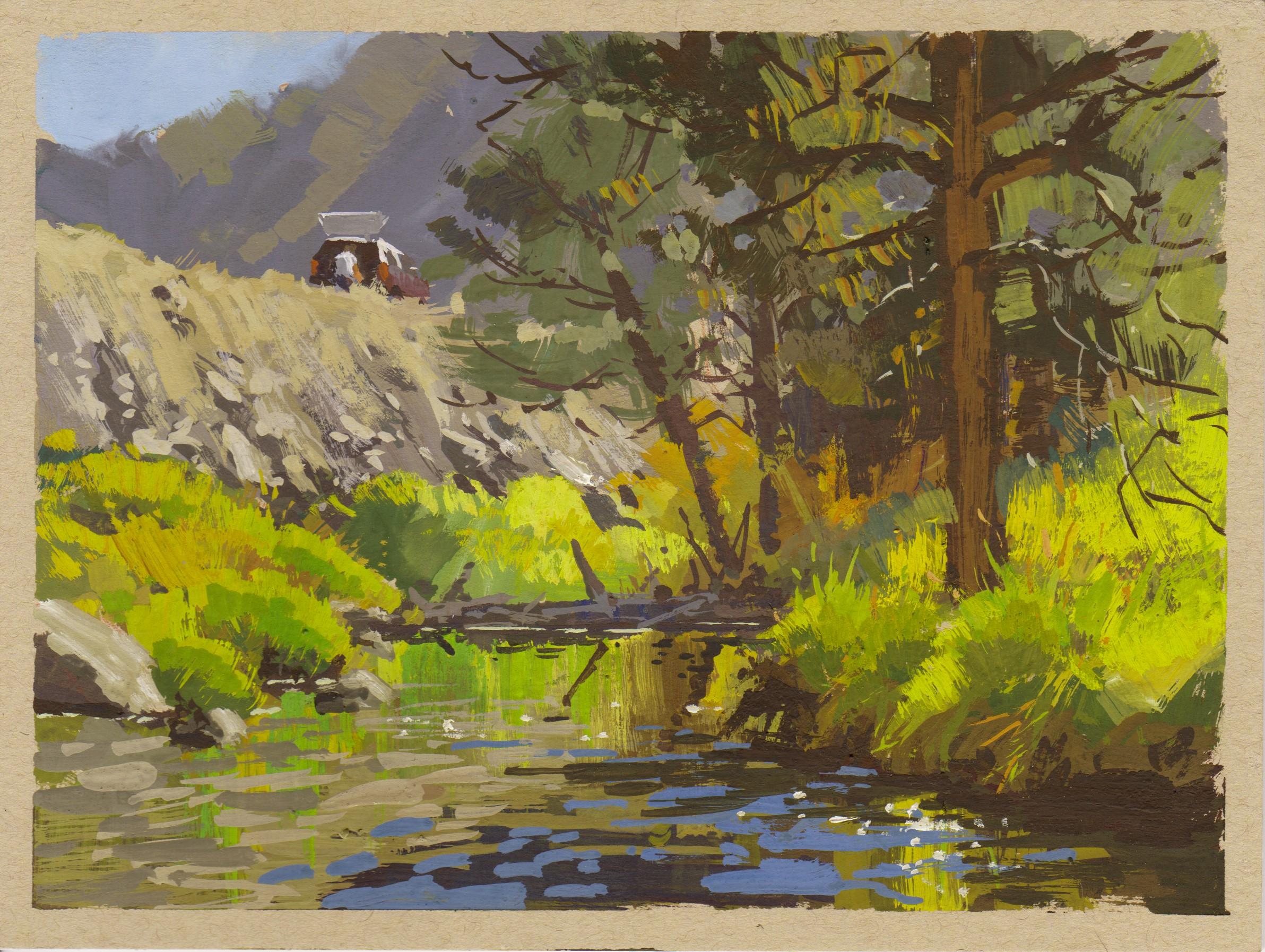 081 - Plein Air-Clear Creek Canyon, CO", de Judd Mercer (EE.UU.), es una pintura al gouache que representa un arroyo en calma y un coche aparcado en lo alto de una colina.
 
Biografía/declaración del artista
Judd Mercer es un paisajista
