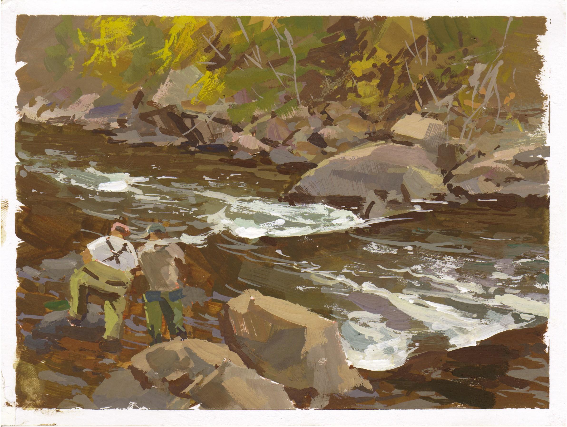 082 - Plein Air-Clear Creek Canyon, CO", de Judd Mercer (EE.UU.), es una pintura al gouache que representa un río con dos excursionistas mirándolo.
 
Biografía/declaración del artista
Judd Mercer es un paisajista contemporáneo y nativo de Colorado