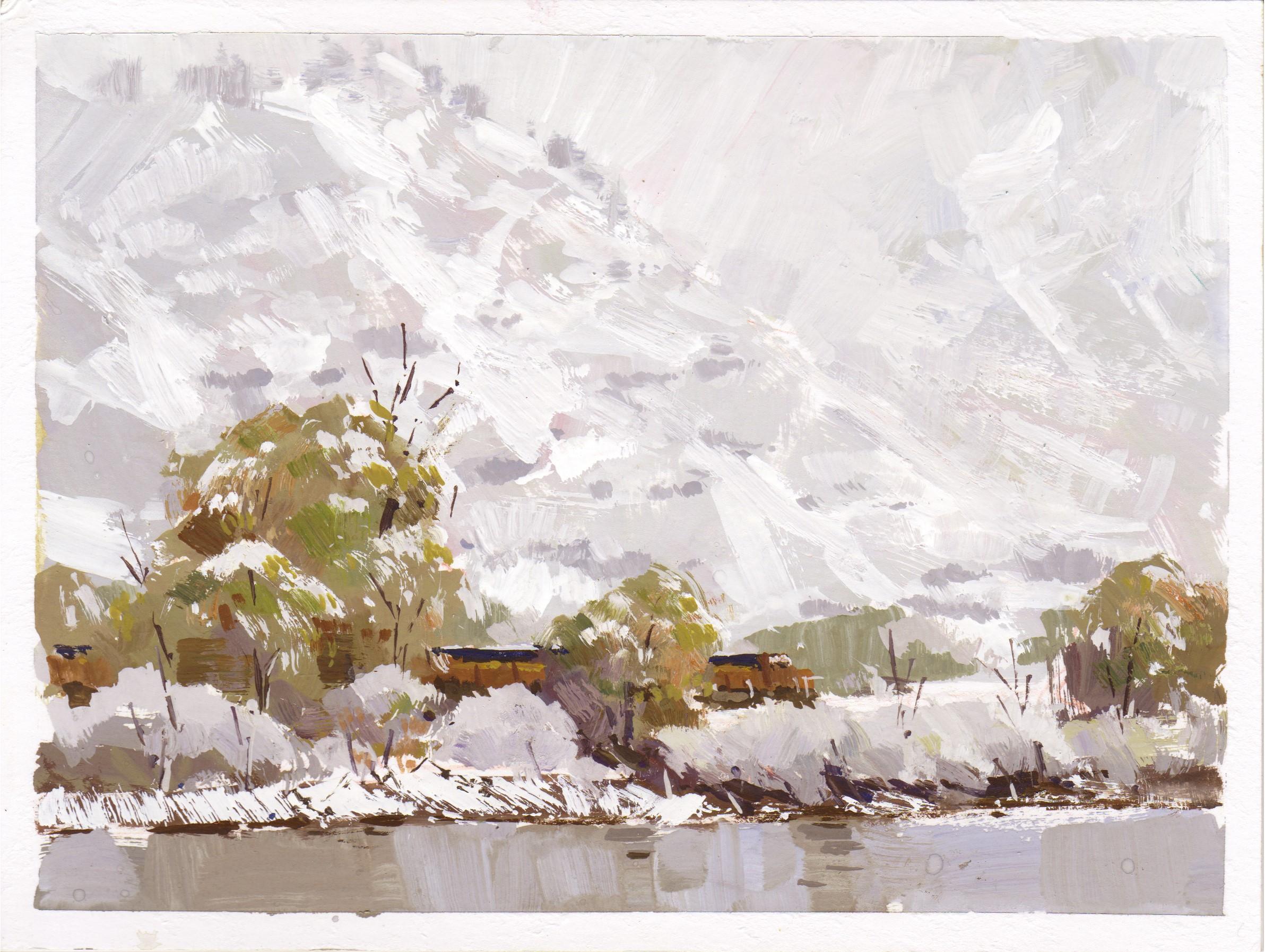 082 - Plein Air-Clear Creek Canyon, CO" de Judd Mercer (EEUU) es una pintura al gouache que representa una ladera nevada con una casa y un río al fondo.
 
Biografía/declaración del artista
Judd Mercer es un paisajista contemporáneo y nativo de