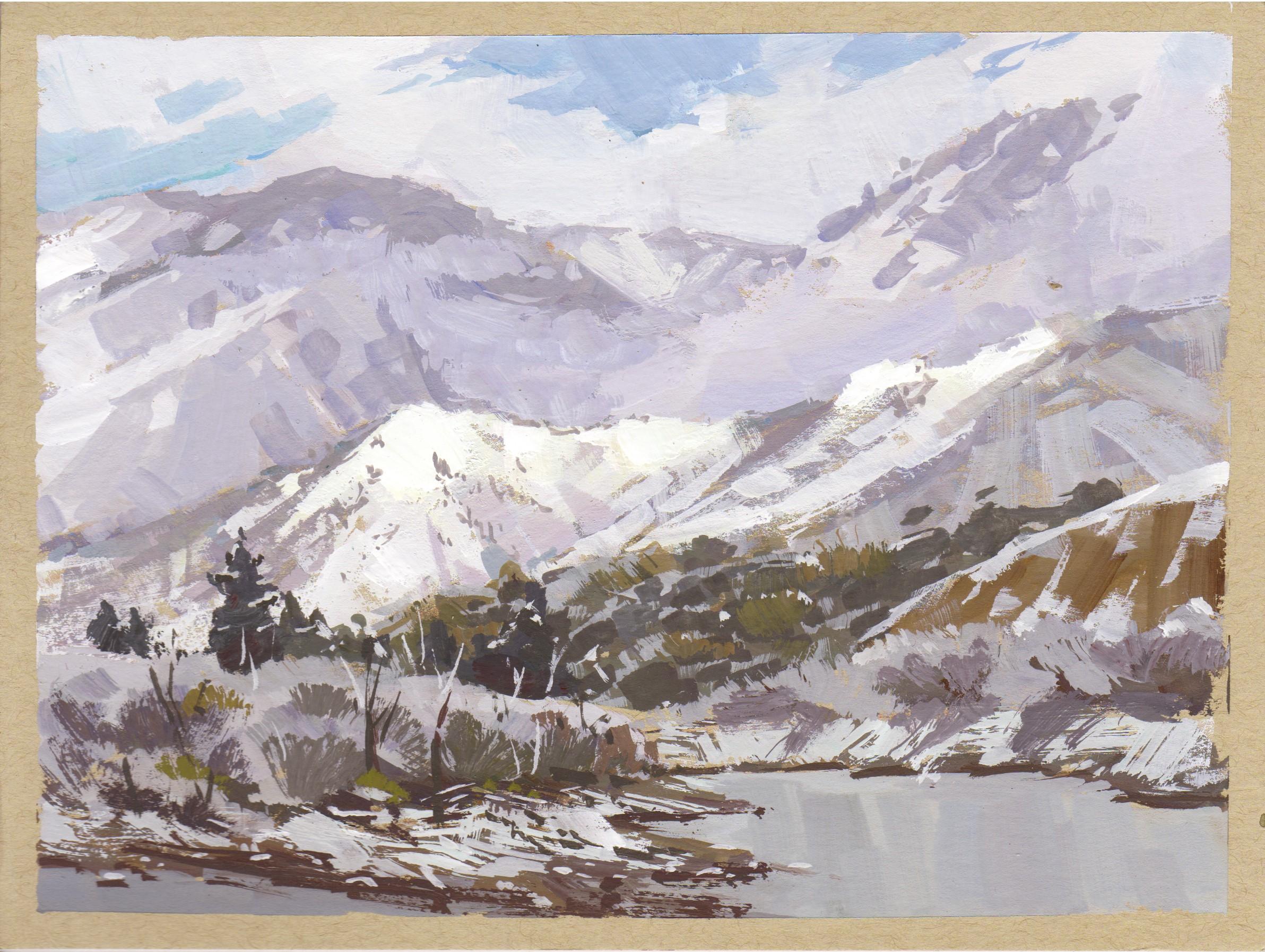 Judd Mercer (USA) "084 - Plein Air-Glenwood Springs, CO" è un dipinto a guazzo che raffigura un paesaggio montano innevato con un piccolo lago ghiacciato sul fondo.
 
Biografia/dichiarazione dell'artista
Judd Mercer è un pittore di paesaggi