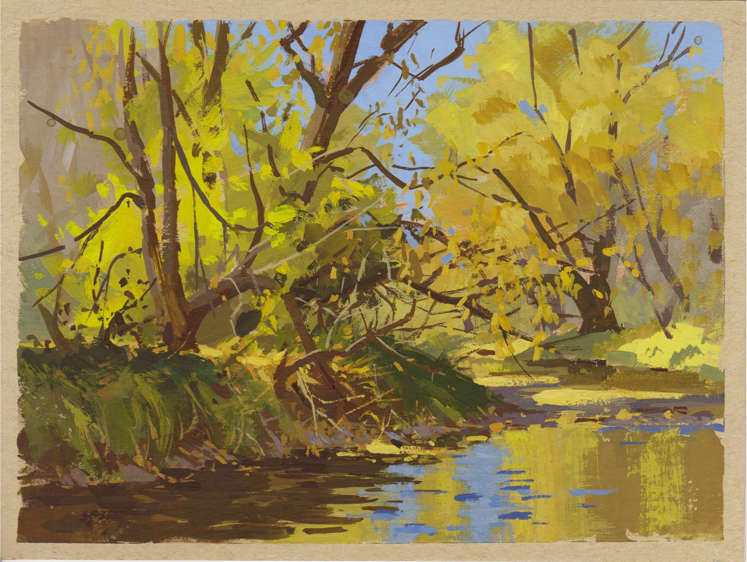 Judd Mercer (USA) "089 - Plein Air-Four Mile Park, CO" è un dipinto a guazzo che raffigura un paesaggio colorato con alberi che si affacciano su un fiume.
 
Biografia/dichiarazione dell'artista
Judd Mercer è un pittore di paesaggi contemporanei e