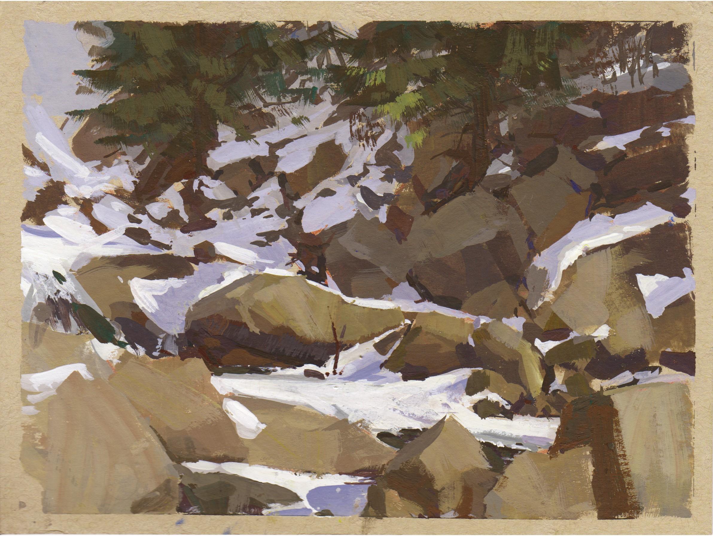 "093 - Plein Air-Boulder Falls, CO" (2022) Di Judd Mercer, Pittura a guazzo