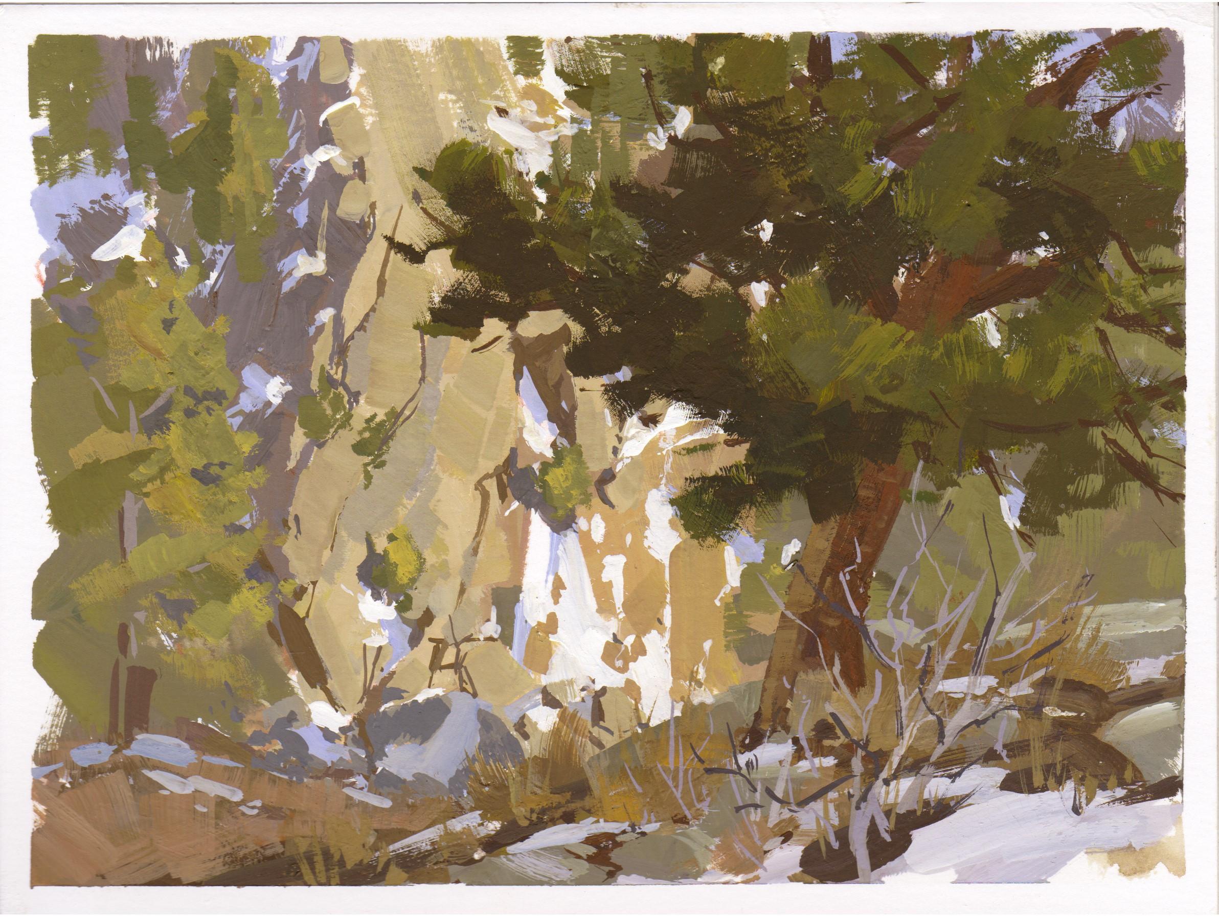 Judd Mercers (USA) "094 - Plein Air-Boulder Falls, CO" ist ein Gouache-Gemälde, das eine mit Schnee bedeckte Felslandschaft bei Sonnenaufgang zeigt.
 
Künstler-Bio/Statement
Judd Mercer ist ein zeitgenössischer Landschaftsmaler aus Colorado, der