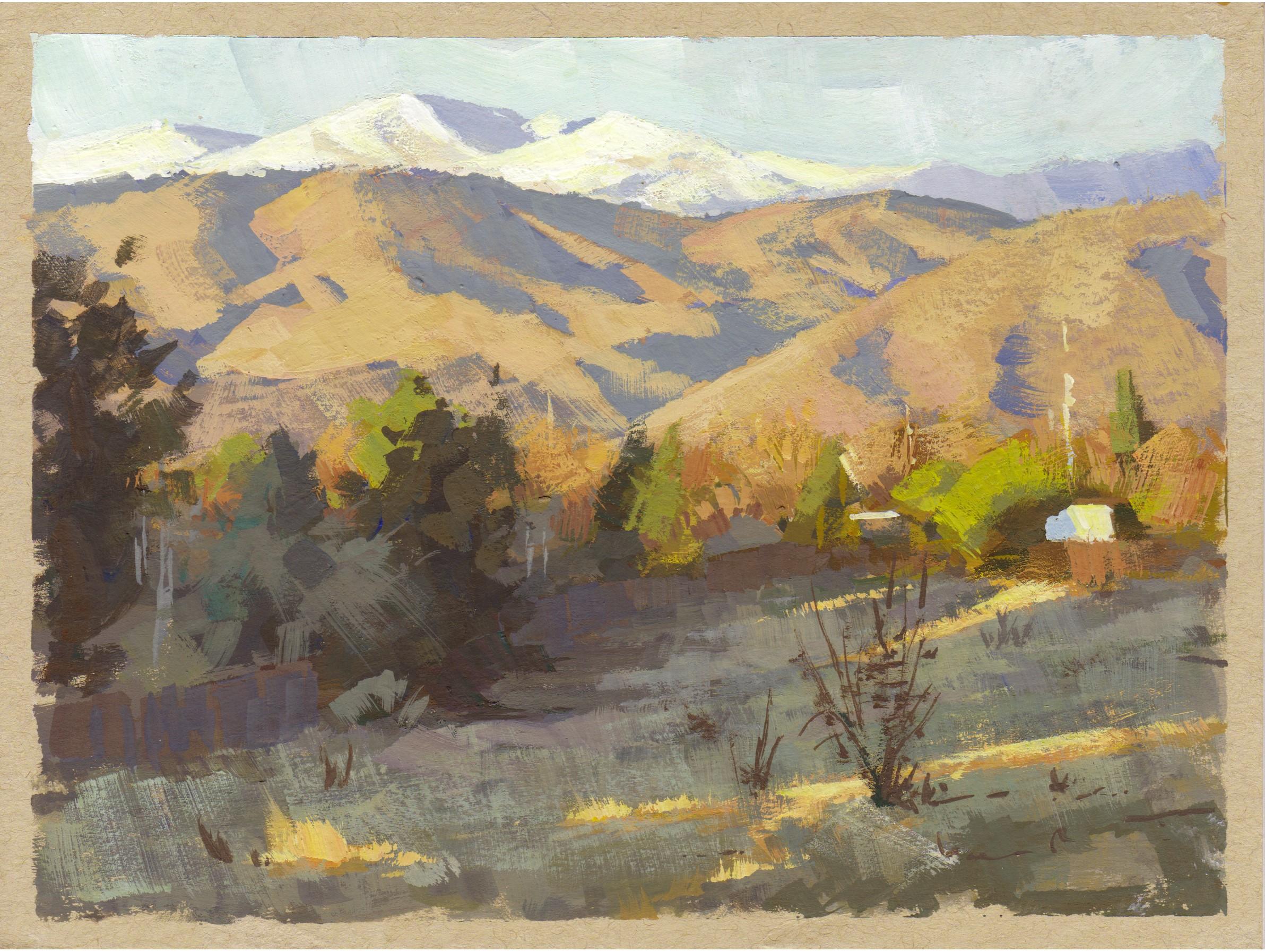 La obra "097 - Plein Air-Lakewood, CO" de Judd Mercer (EE.UU.) es una pintura al gouache que representa un paisaje montañoso con algunas montañas cubiertas de nieve al fondo.
 
Biografía/declaración del artista
Judd Mercer es un paisajista
