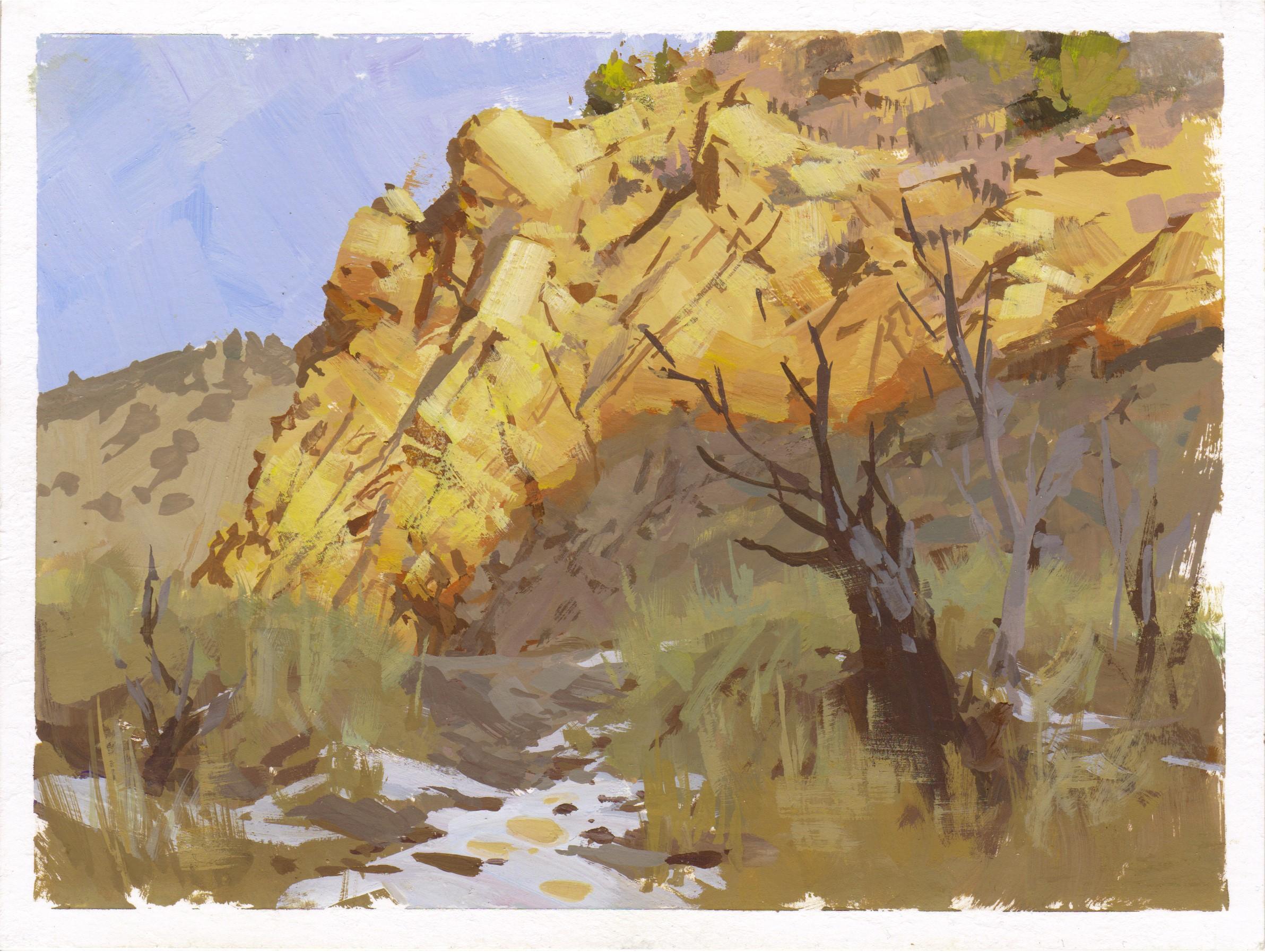La obra "098 - Plein Air-Morrison, CO" de Judd Mercer (EEUU) es una pintura al gouache que representa un paisaje rocoso con una ligera capa de nieve.
 
Biografía/declaración del artista
Judd Mercer es un paisajista contemporáneo y nativo de Colorado
