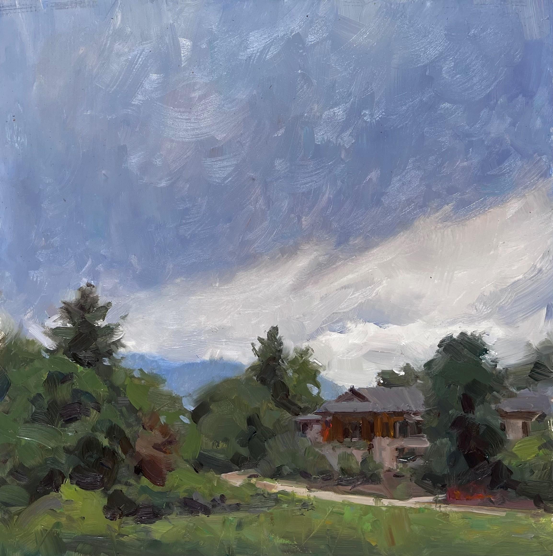 "Chance of Showers" (2023) di Judd Mercer (USA) è un dipinto a olio originale fatto a mano che raffigura un quartiere con una grande nuvola temporalesca sopra.
 
Biografia/dichiarazione dell'artista
Judd Mercer è un pittore di paesaggi contemporanei
