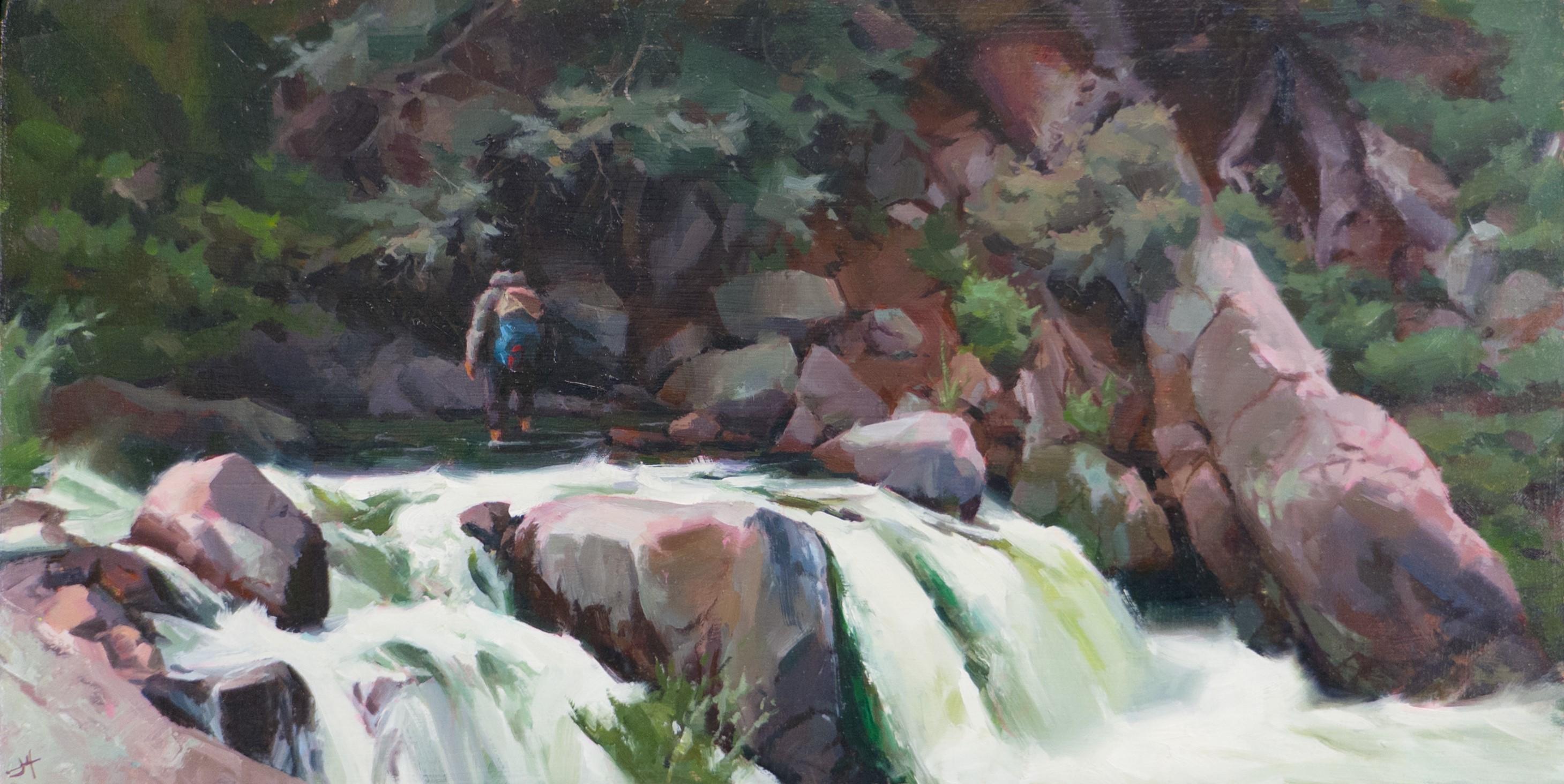 Pies fríos" (2024), de Judd Mercer (EEUU), es un óleo original hecho a mano que representa a un excursionista caminando por un río con una pequeña cascada poco después.
 
Biografía/declaración del artista
Judd Mercer es un paisajista contemporáneo y