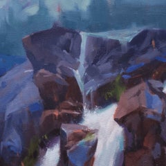 "Couloir Indigo" Oil On Wood Panel Mountain Landscape Painting with Waterfall