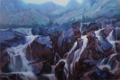 "Couloir Indigo" Oil On Wood Panel Mountain Landscape Painting with Waterfall