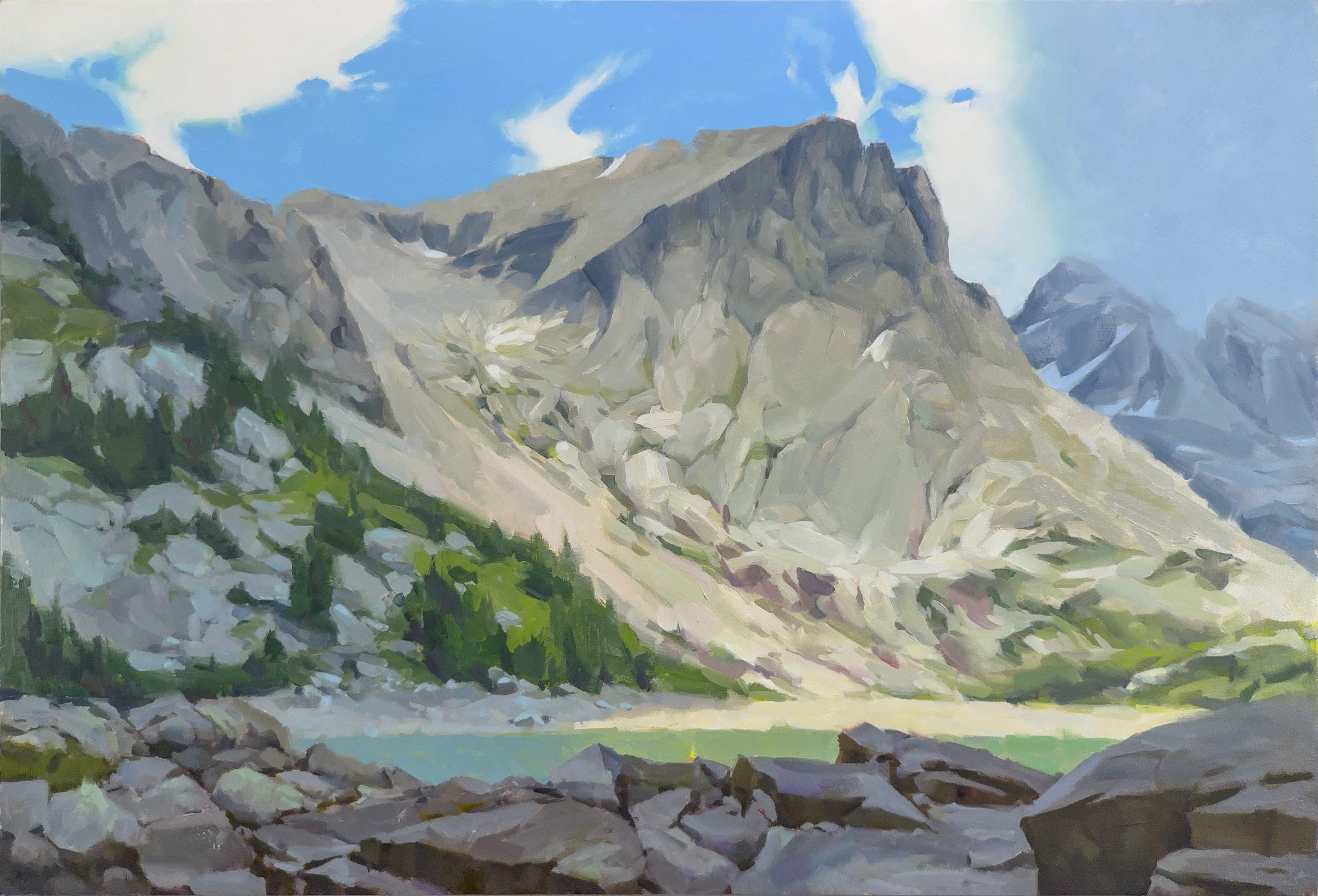 Landscape Painting de Judd Mercer - "Erosión" - Paisaje al óleo de un lago alpino de las Montañas Rocosas