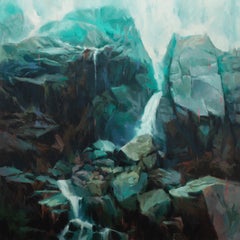 "Fractured Dream" Oil On Wood Panel Mountain Landscape Painting with Waterfall