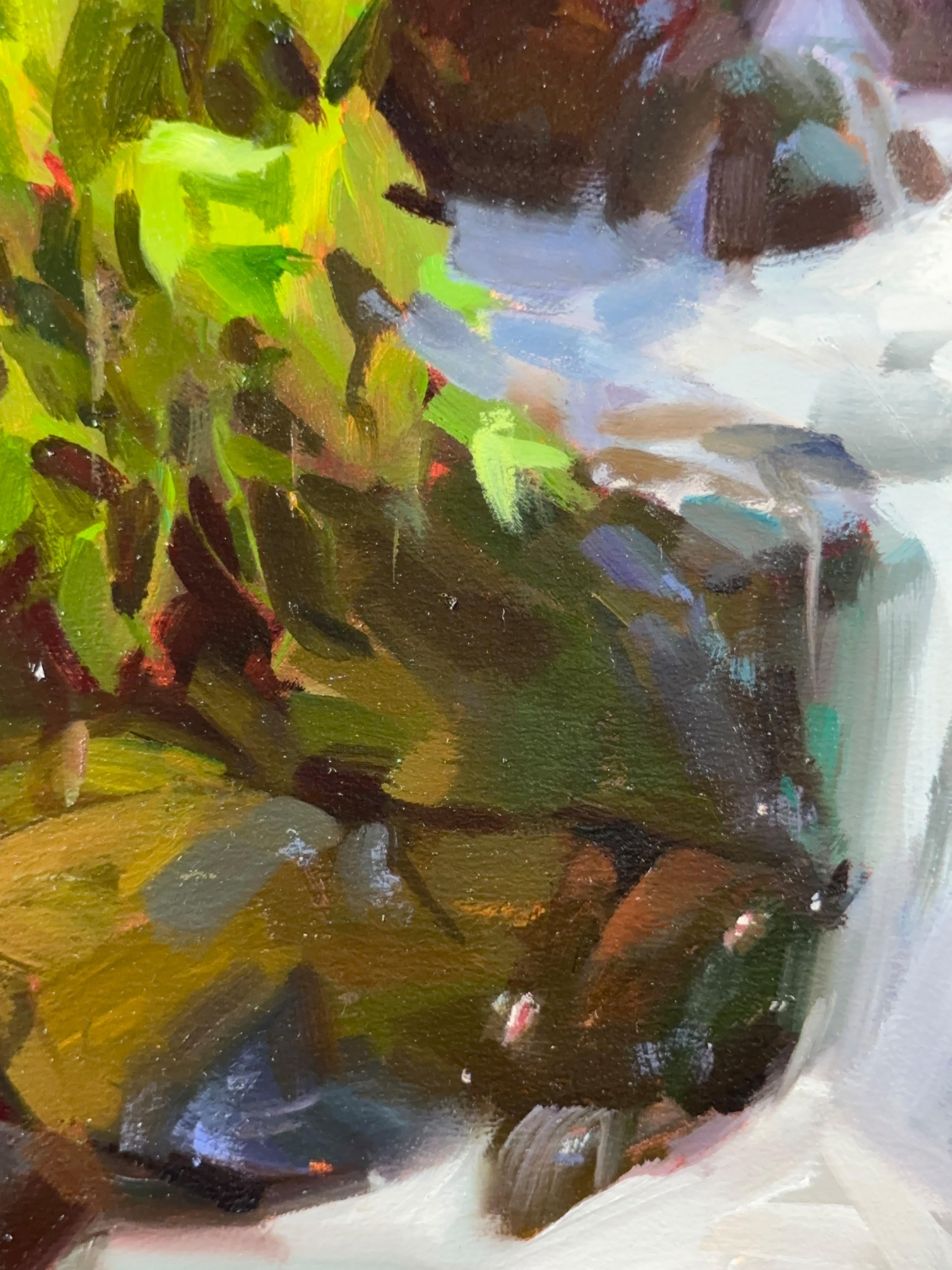 Life Springs Wood di Judd Mercer è un sorprendente dipinto a olio originale su pannello di legno, completato nel 2025. Questa composizione paesaggistica verticale cattura il flusso dinamico di un ruscello di montagna che scorre a cascata sulle