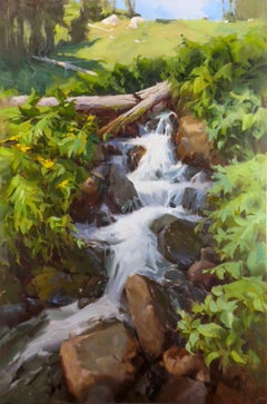 "La vida brota" - Óleo sobre tabla Paisaje contemporáneo con cascada