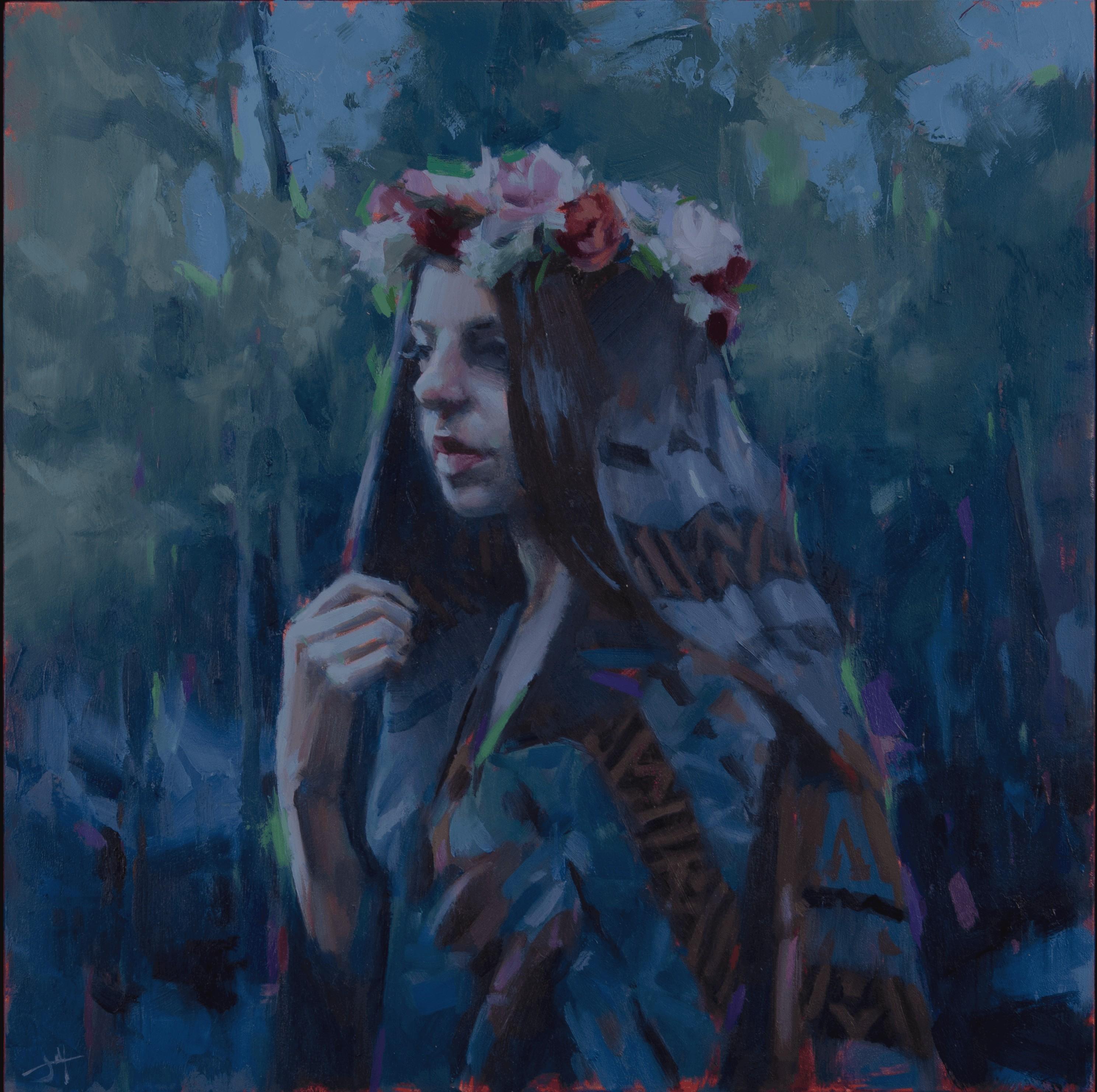 "Nox Flore" - Impressionist Female Portrait, Oil Painting on Panel