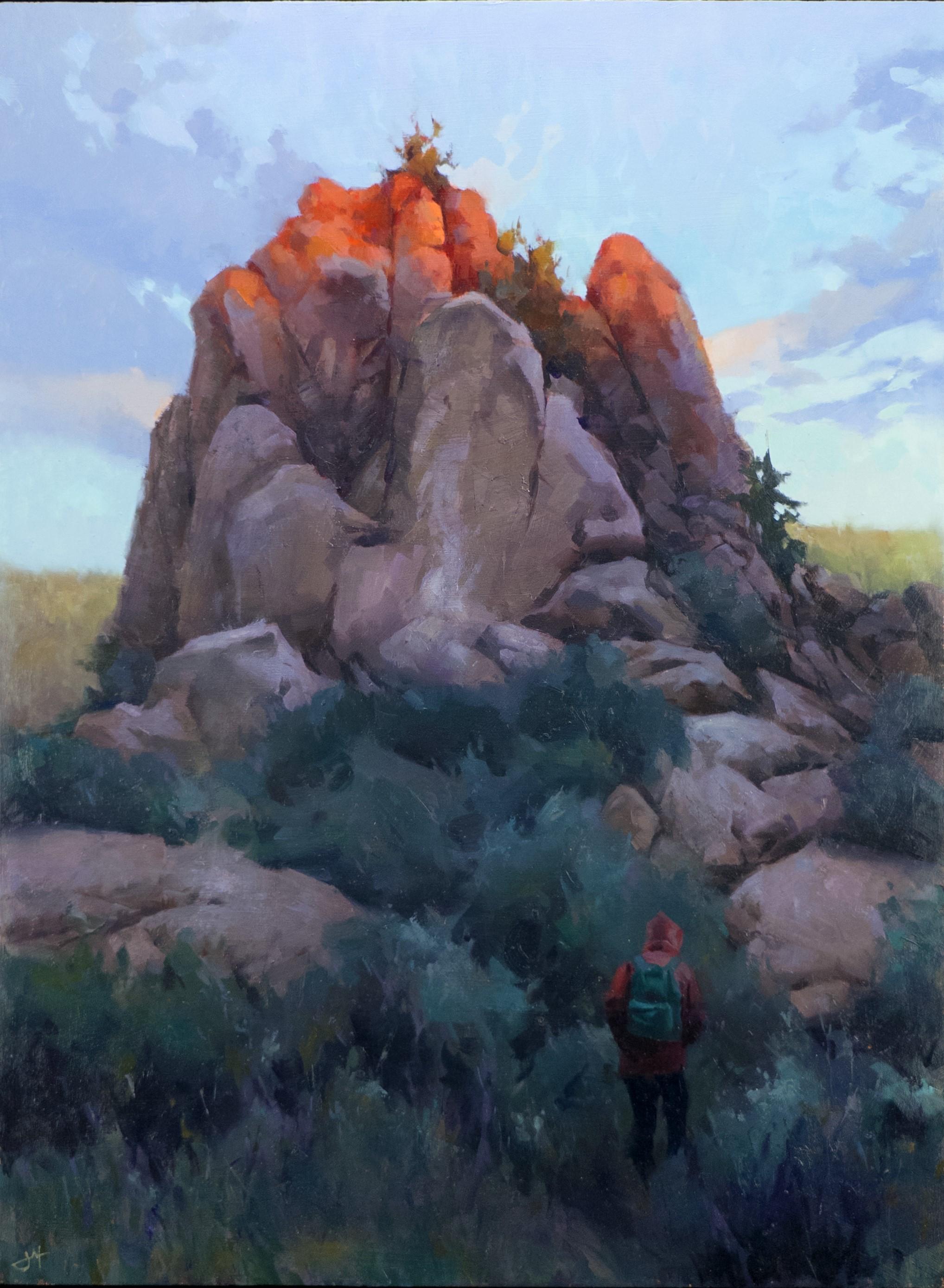Judd Mercers (USA) "Run Off" (2022) ist ein handgefertigtes Original-Ölgemälde, das einen Wanderer zeigt, der auf eine große Felsformation blickt.
 
Künstler-Bio/Statement
Judd Mercer ist ein zeitgenössischer Landschaftsmaler aus Colorado, der davon