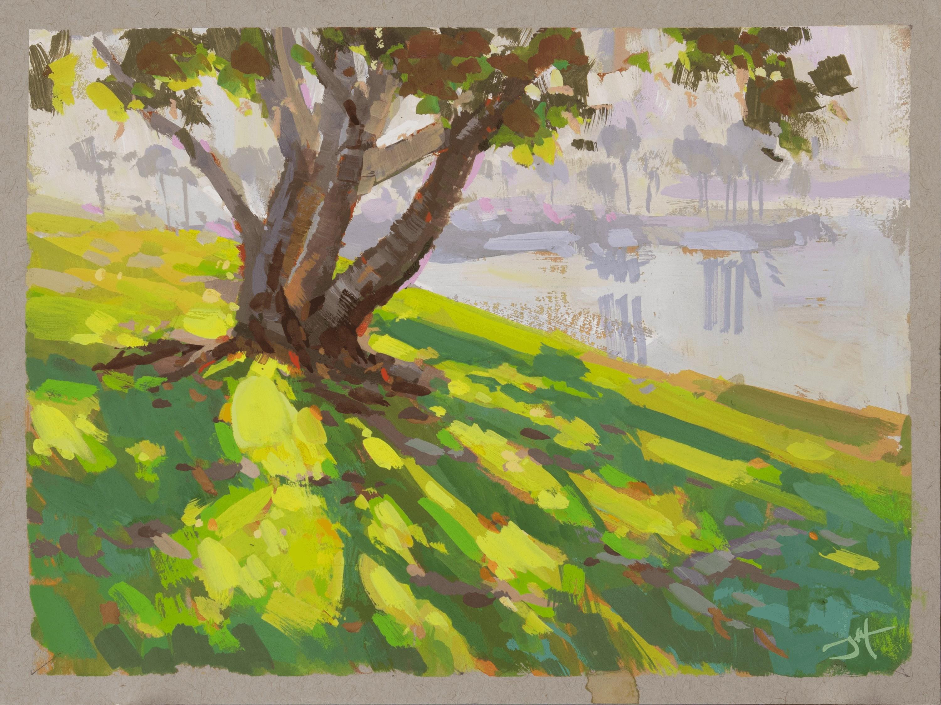 Judd Mercer Figurative Painting – "Shoreline Shade" - Original Gouache-Landschaftsgemälde auf Papier