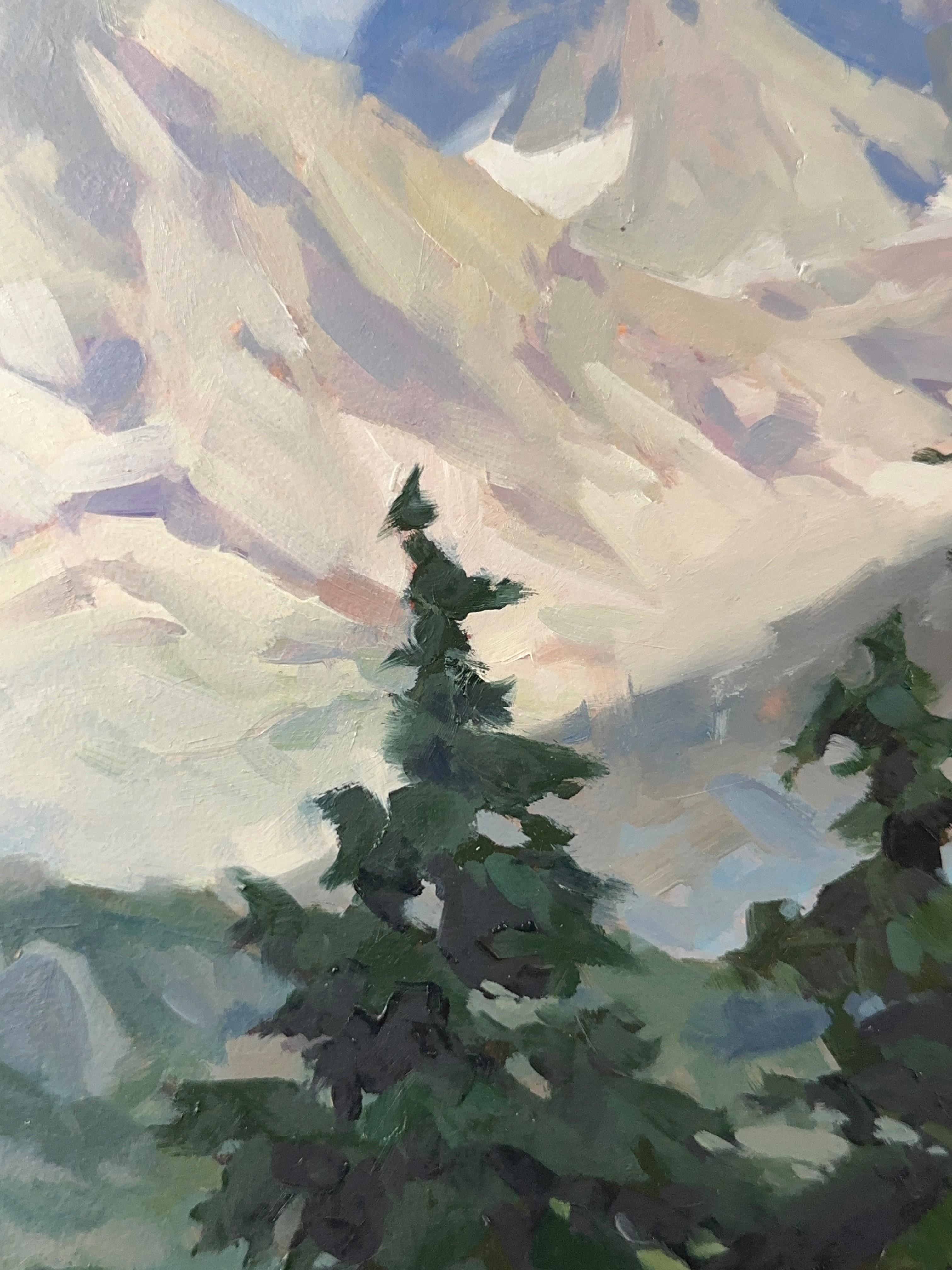 This Too Shall Pass (2024), de Judd Mercer, es un óleo original hecho a mano que capta un momento de tranquila grandeza en los Alpes. Pintada al óleo sobre tabla, esta obra mide 24 x 32 pulgadas (26 x 34 pulgadas enmarcada) y presenta un paisaje