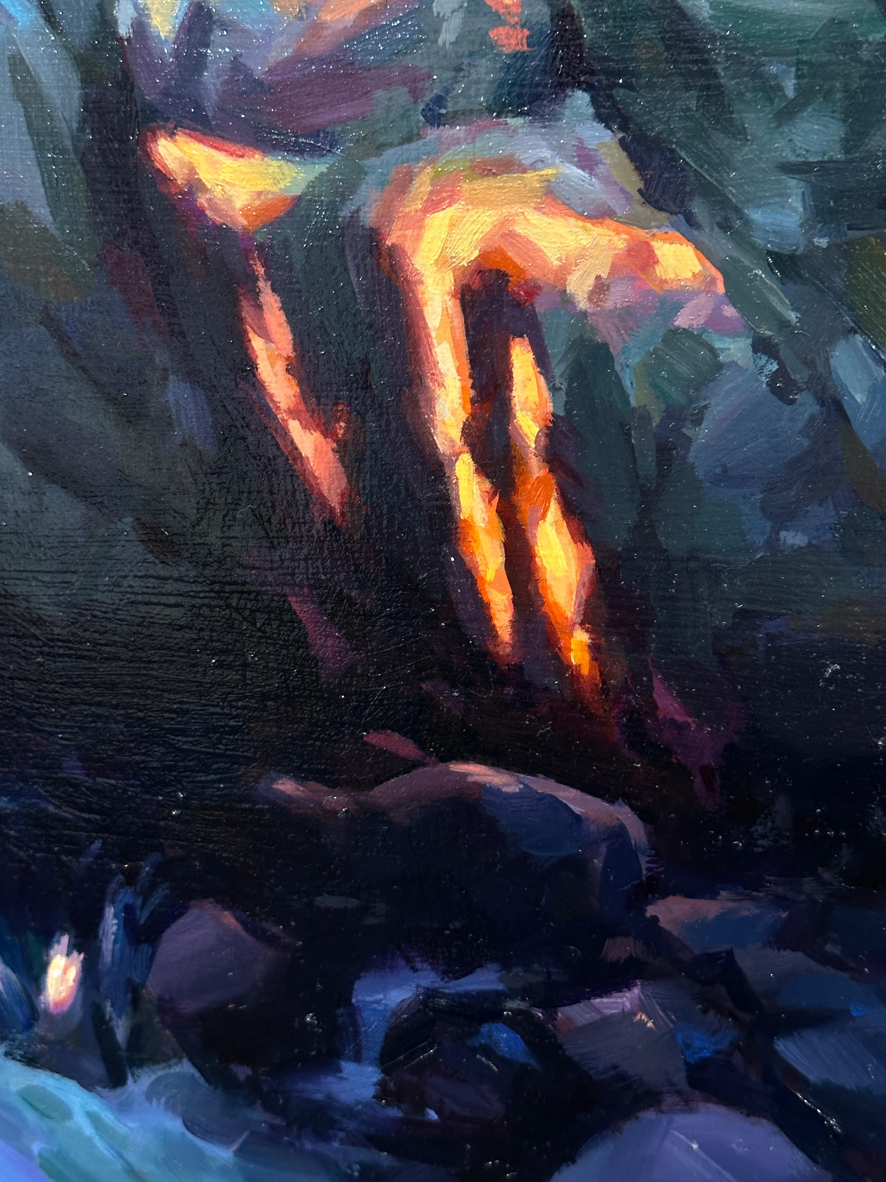 „Transmission“ – Ölgemälde eines Wanderers beim Überqueren des Flusses im üppigen Wald (Schwarz), Figurative Painting, von Judd Mercer
