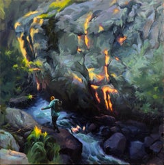 "Transmisión" - Pintura al óleo de excursionista cruzando un arroyo en un bosque frondoso