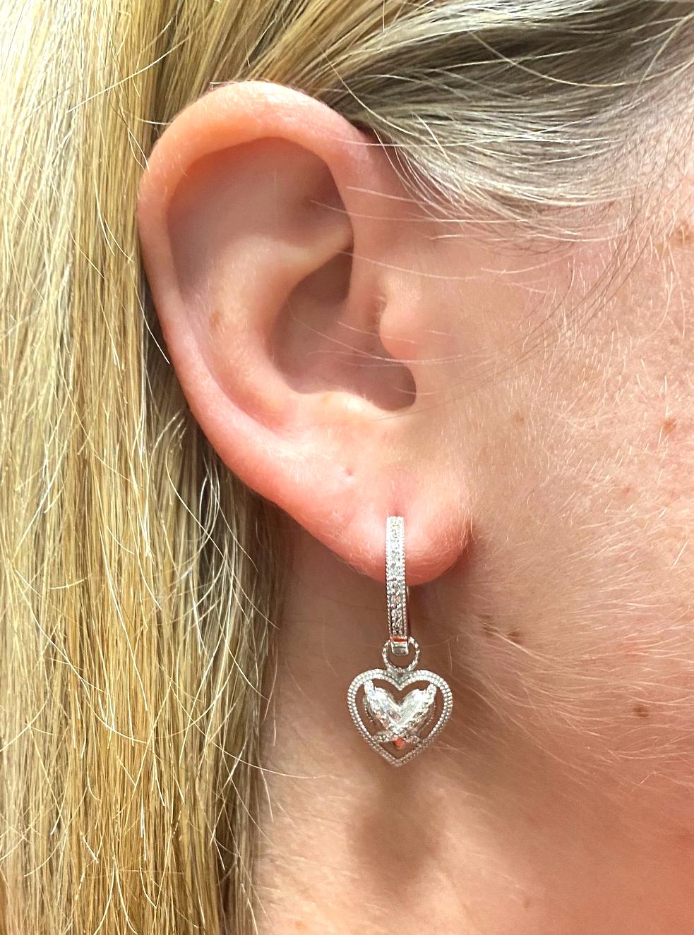 Round Cut Jude Frances 18 Karat White Gold Hoop Heart Charm Dangle Earrings For Sale