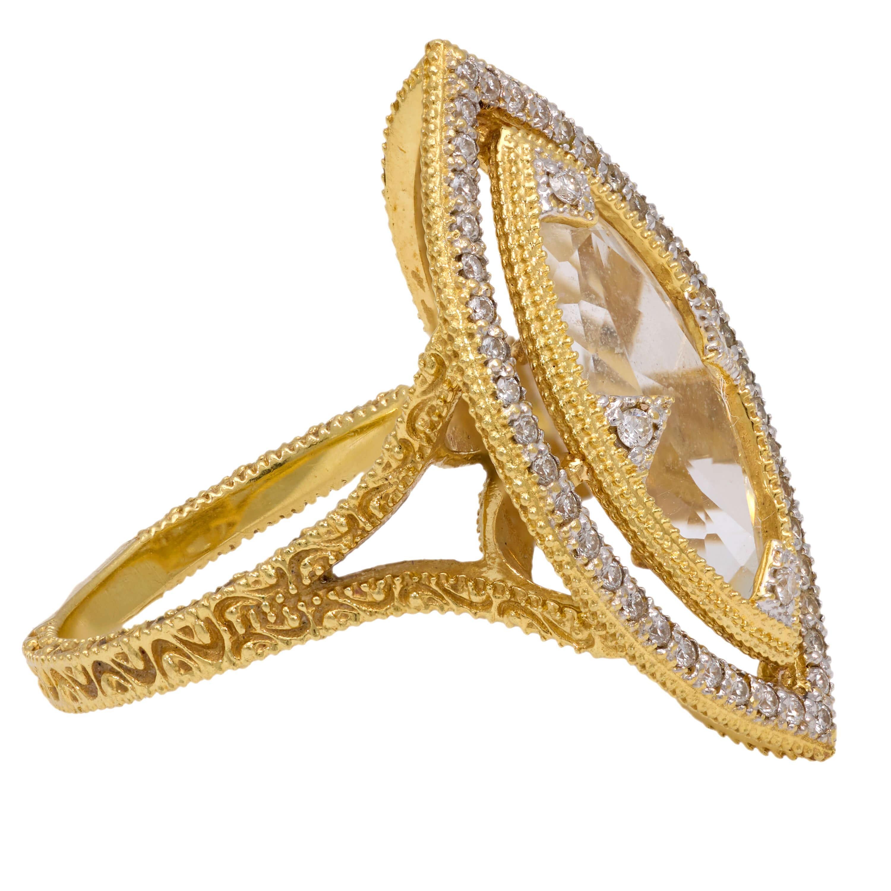 Modern JUDE FRANCES Estate 18k White Topaz and Diamond Navette Ring For Sale