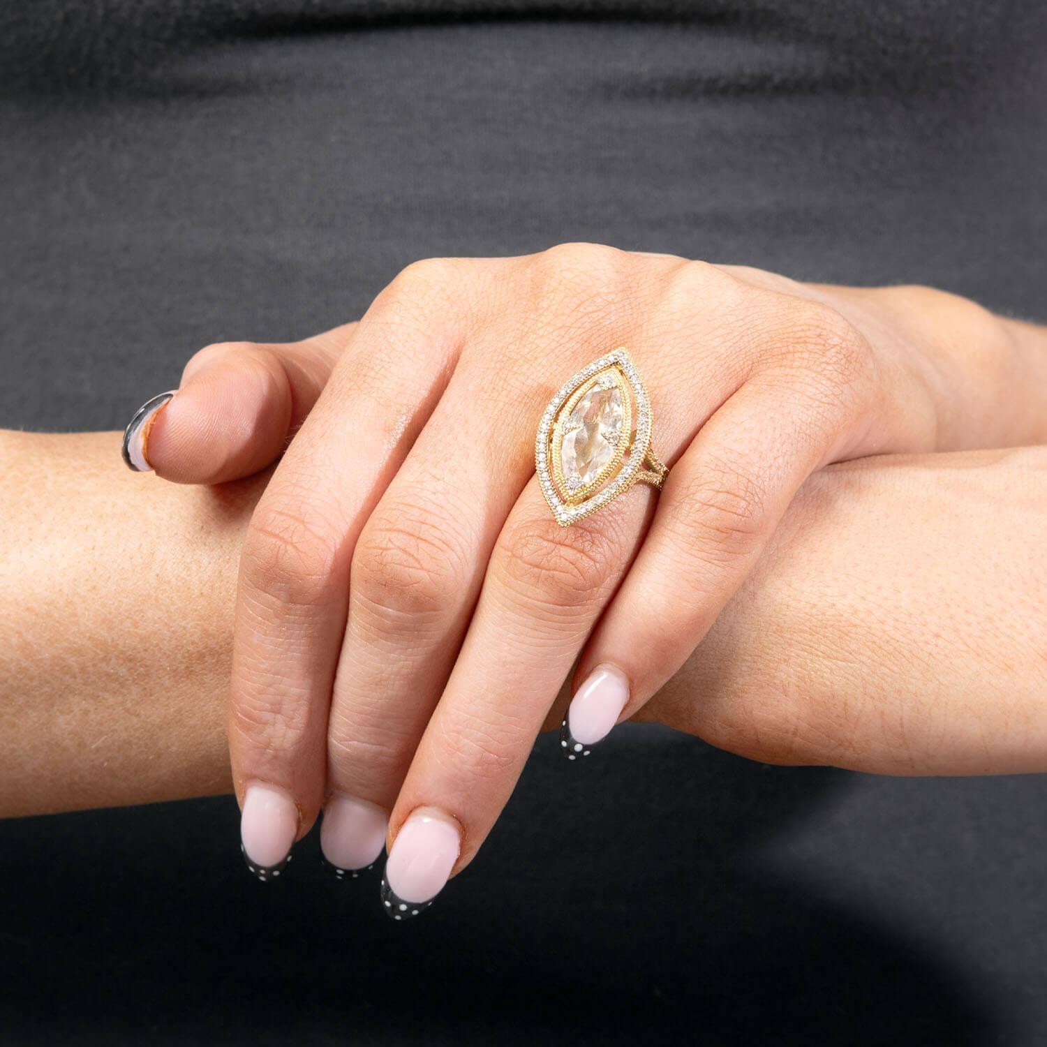 Women's JUDE FRANCES Estate 18k White Topaz and Diamond Navette Ring For Sale