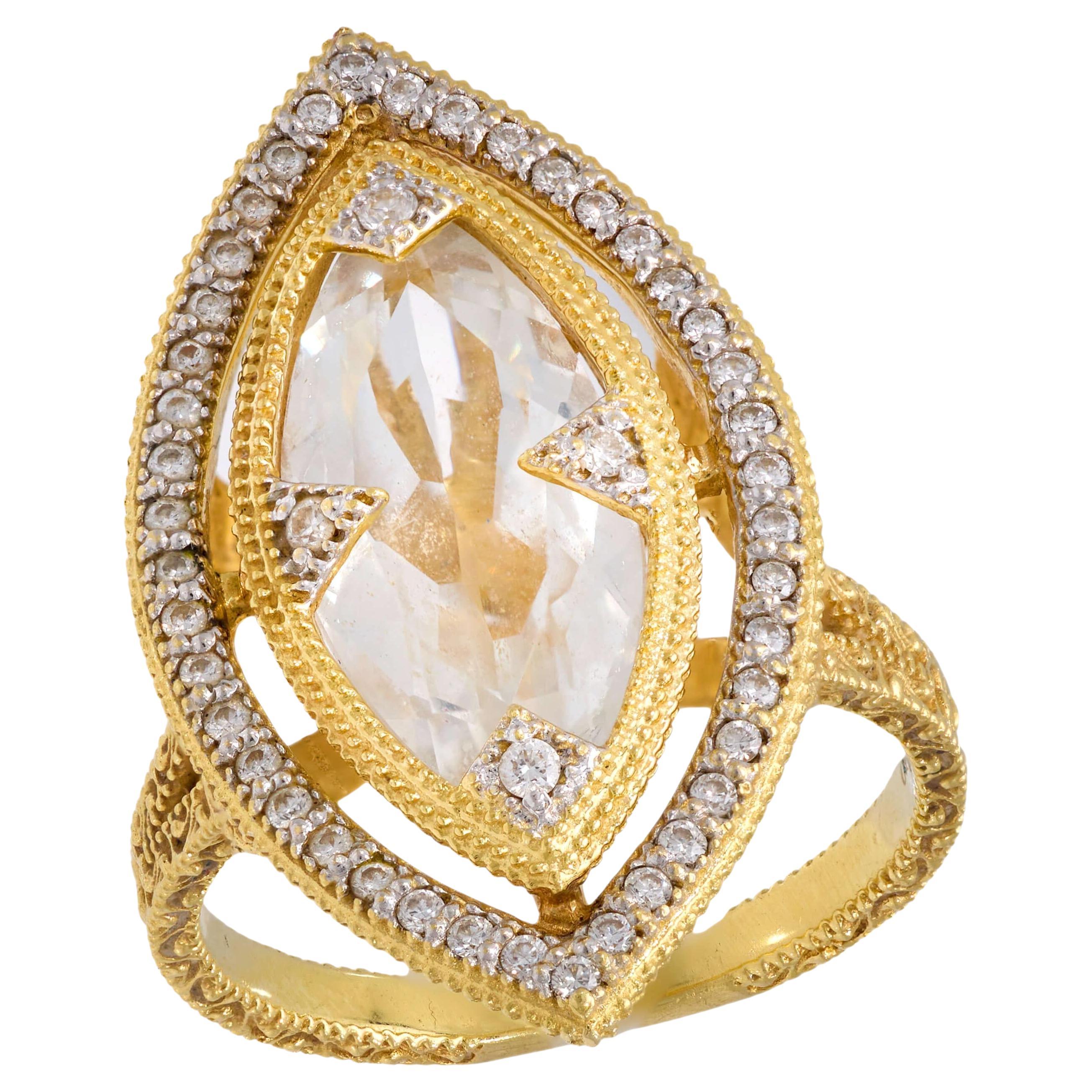 JUDE FRANCES Estate 18k White Topaz and Diamond Navette Ring For Sale