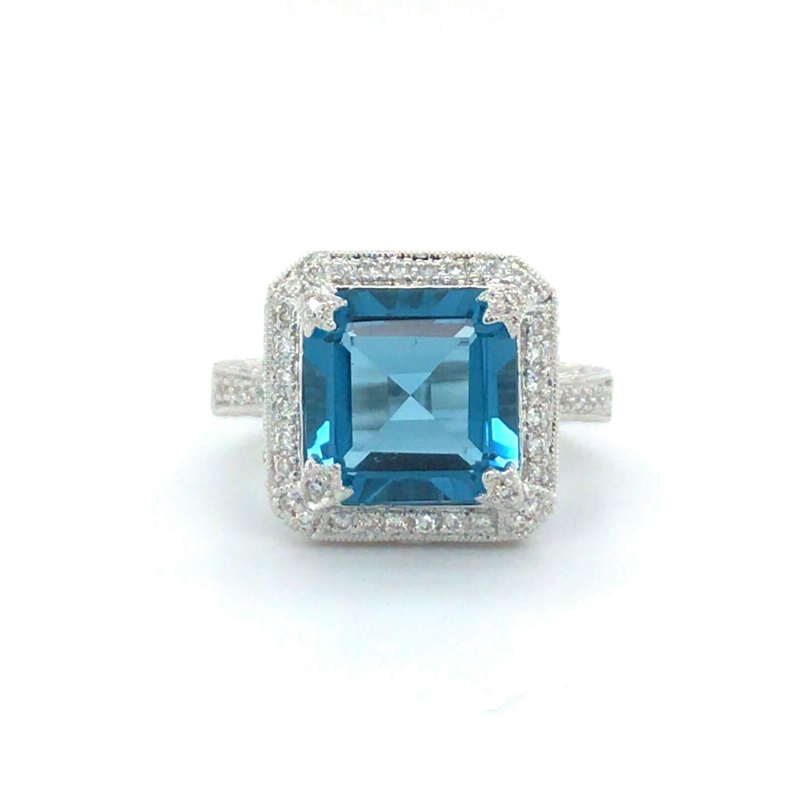 Jude Frances Londoner Blauer Topas und Diamant 18 Karat Weißgold Halo-Ring 5