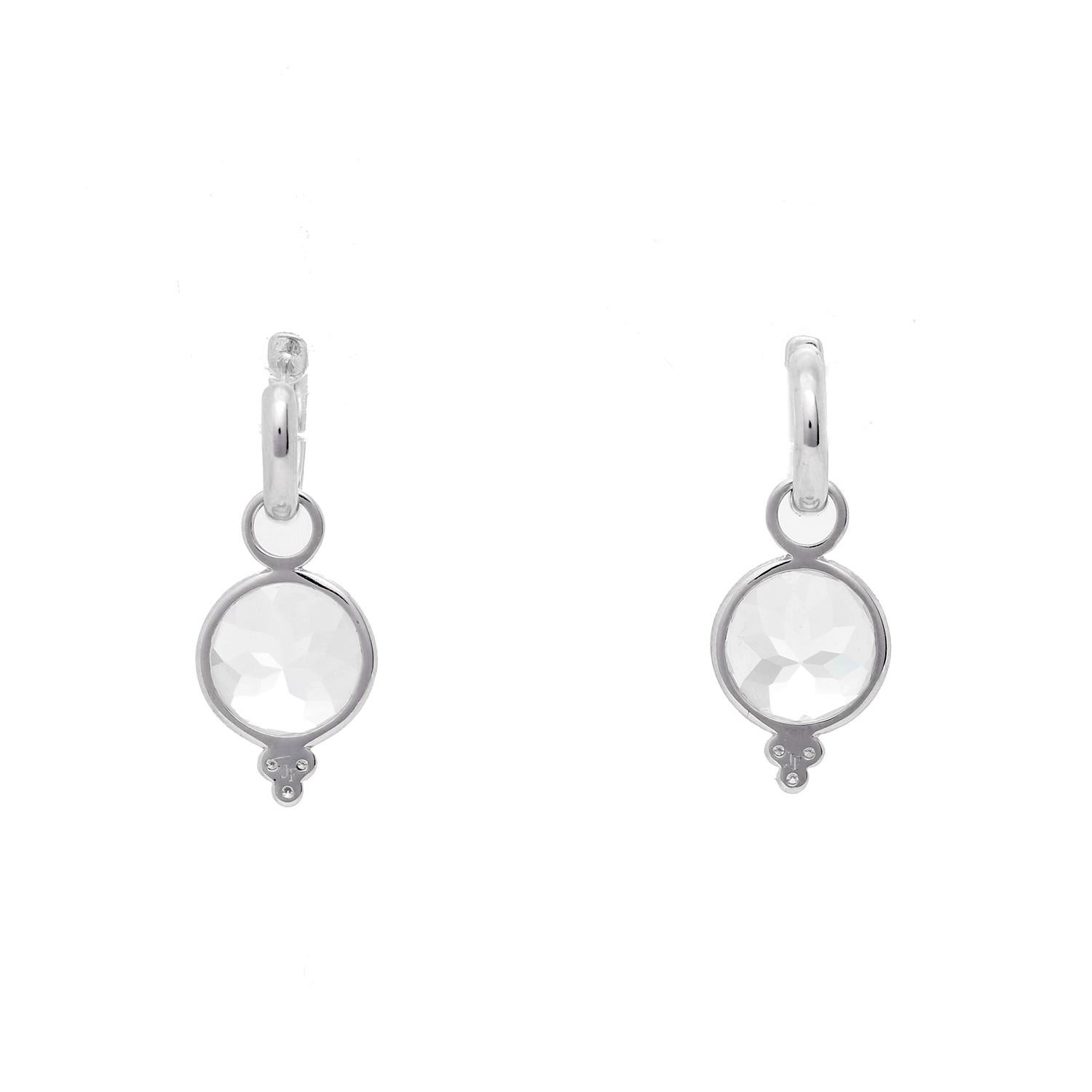Jude Frances Provence Round White Topaz Earrings - . Unused Diamond huggie hoops with 18K White gold diamonds .03ct weight. Charm features round faceted white Topaz set with a diamond trio accent. Truly stunning.