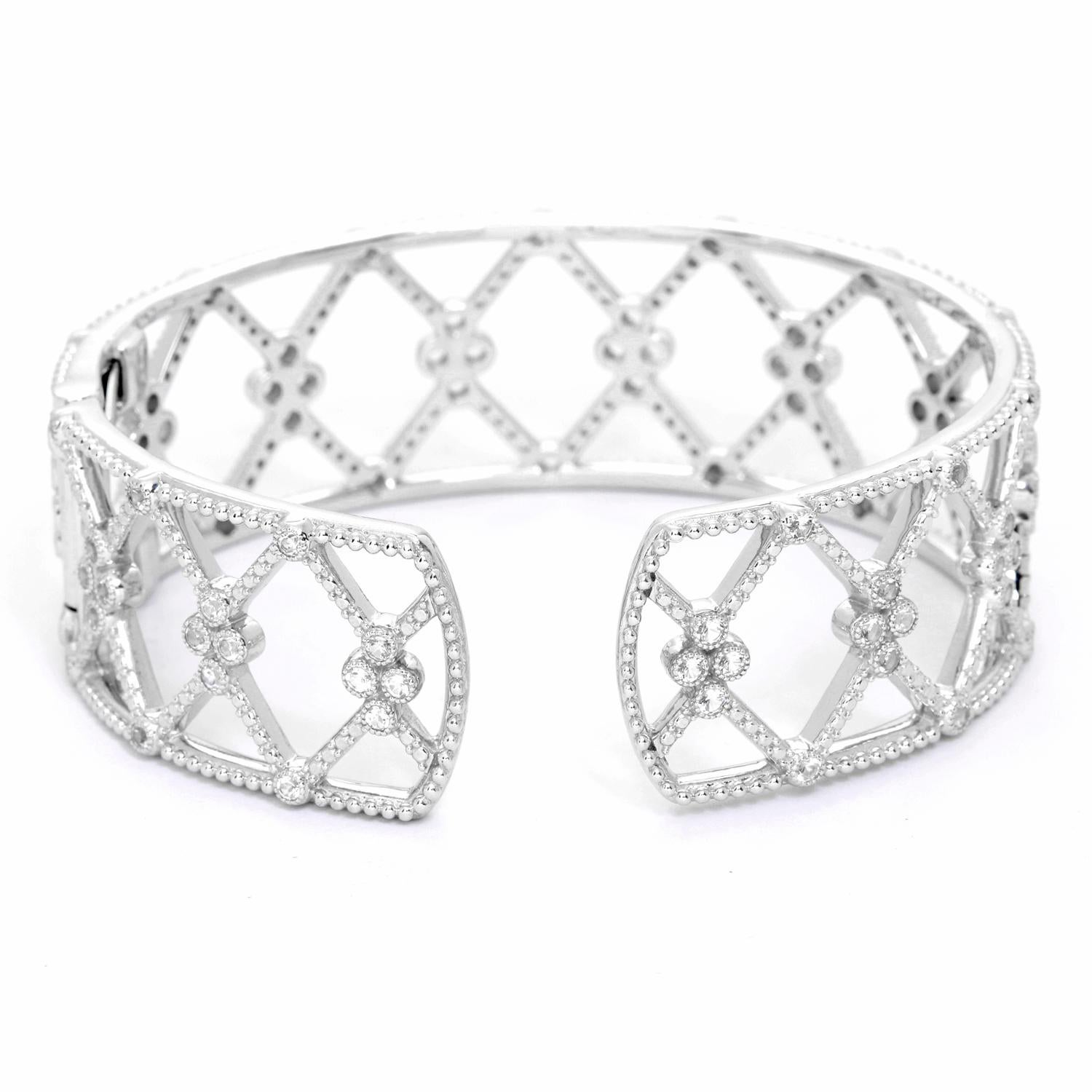 Jude Frances Silver and White Topaz Cuff - . Unused Large open marquis with White Topaz gemstones arranged in Provence. Features round faceted white topaz pave set in sterling silver. Total width 20 mm.