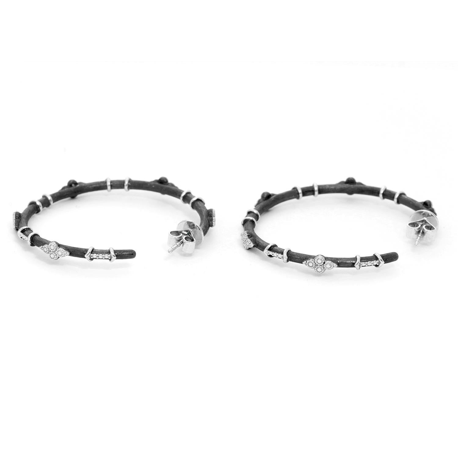 Jude Frances Silver Large Hoop Earrings - . Silver Large Moroccan hoop earrings featuring White Topaz set in sterling silver brushed with black rhodium. Great for every day! Diameter 2 mm . Length 40 mm.