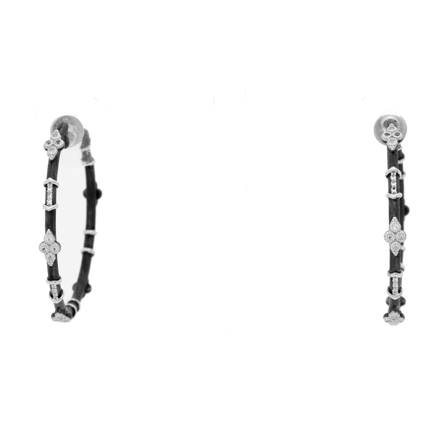 Jude Frances Silver Large Hoop Earrings - . Silver Large Moroccan hoop earrings featuring White Topaz set in sterling silver brushed with black rhodium. Great for every day! Diameter 2 mm . Length 40 mm.