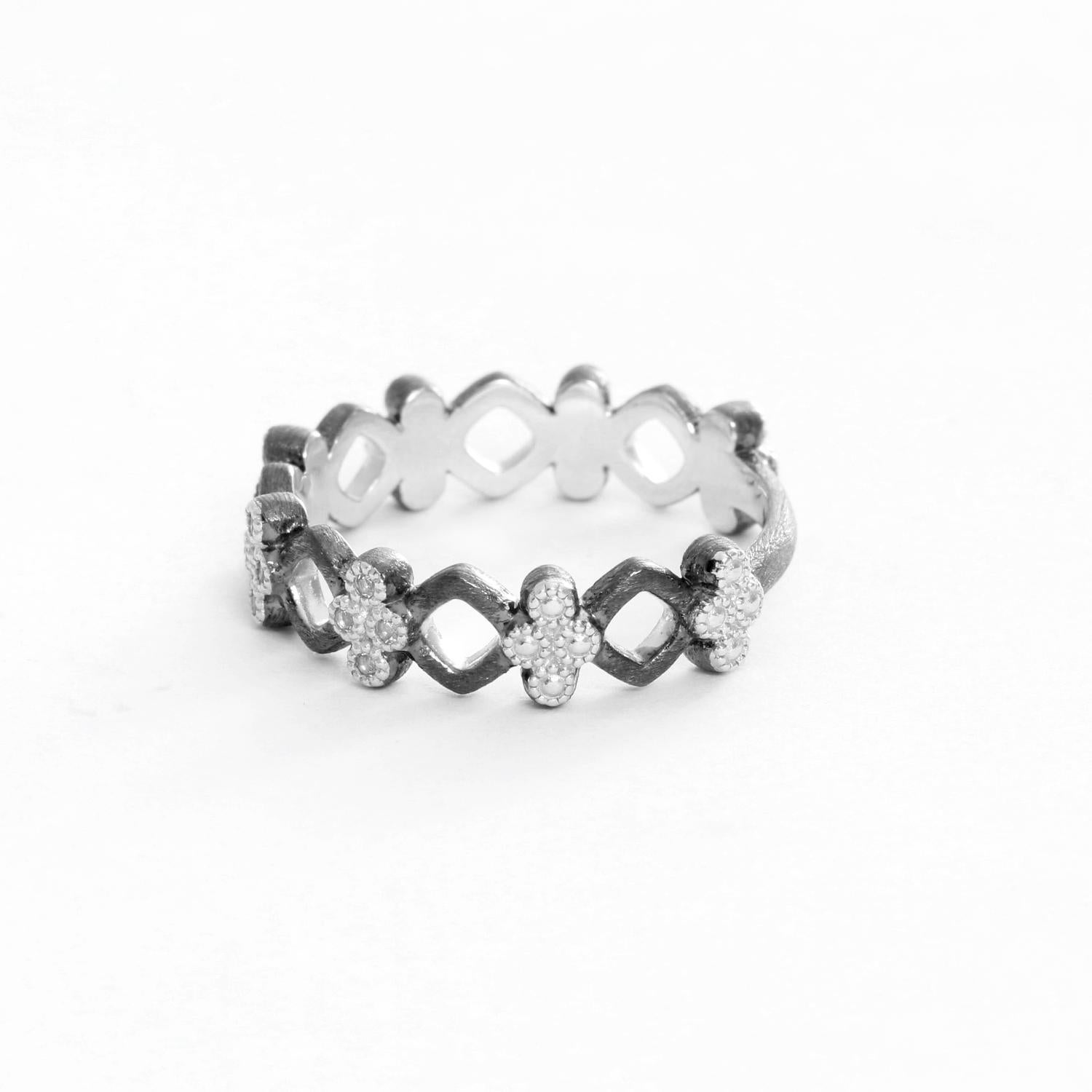 Jude Francis - Open Provence Sterling Silver and Black Rhodium with White Topaz Band Size 6.5 - . Beaded beset set round faceted White Topaz set in Sterling Silver. Brushed with Black Rhodium. Signed JFJ. Width 5 mm . Size 6.5. Perfect for every day