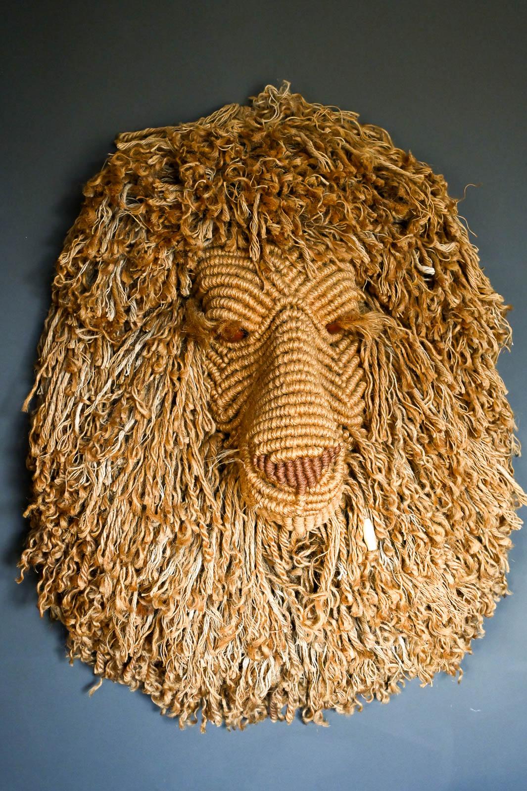 Judee Du Bourdieu lions head jute wall sculpture, 1984 Jute sculpture of lion's head, Judee Du Bourdieu is known for her work in the medium of jute macrame sculptures with animal themes, having perfected this Craft since the early 1970s. Signed on a