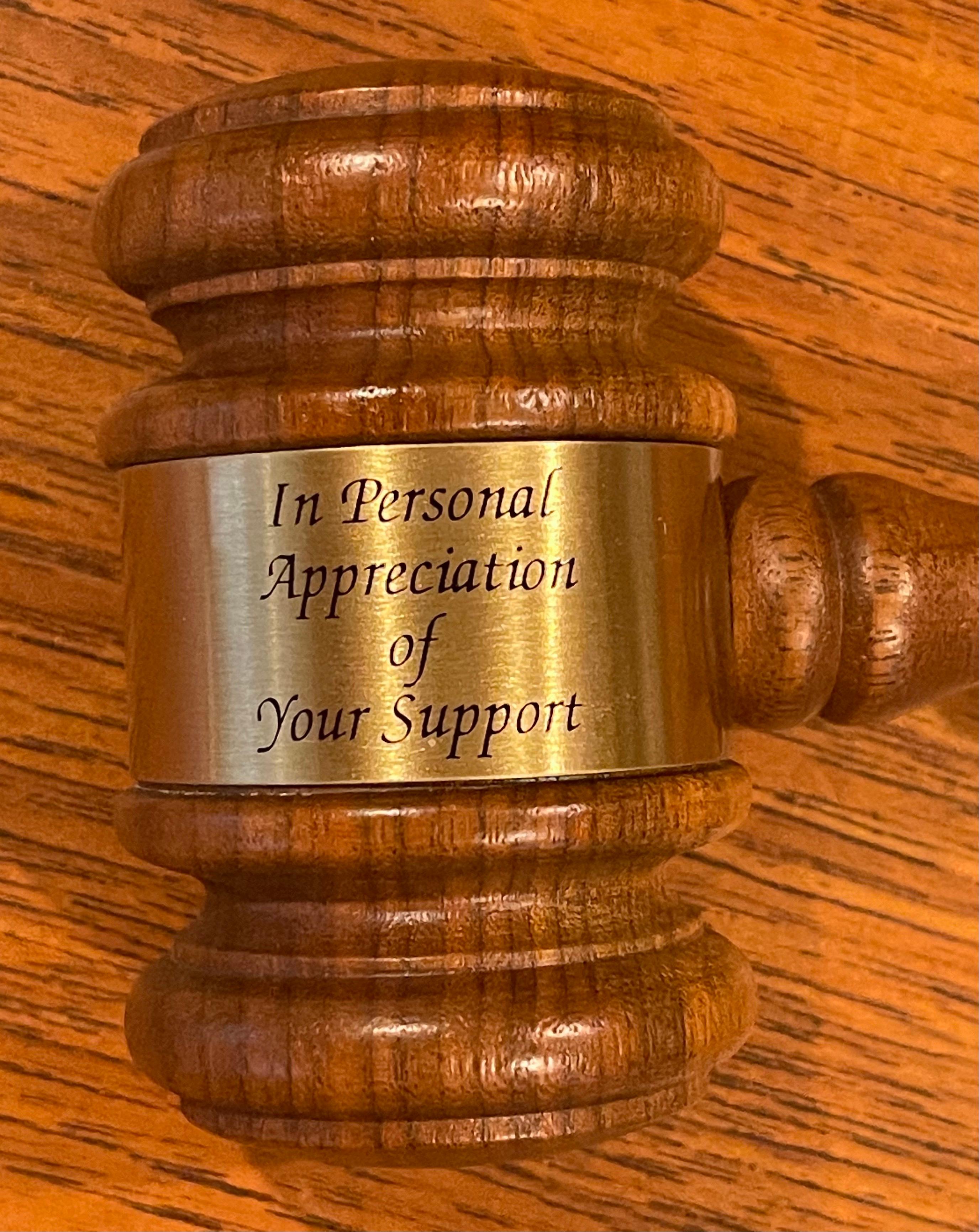 American Judge's Walnut Gavel / Mallet with Brass Appreciation Plate from Newt Gingrich For Sale