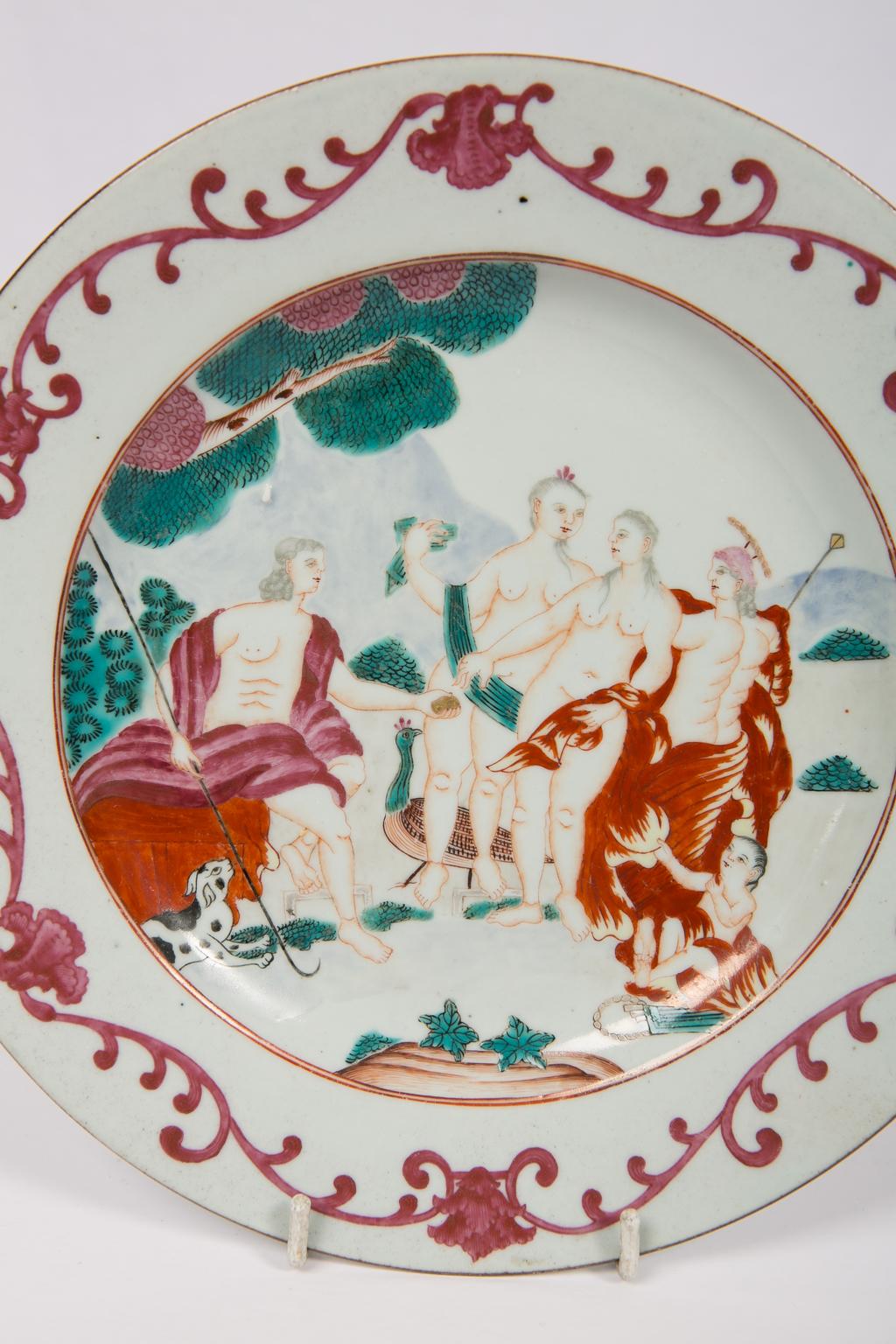 Hand-Painted Chinese Export Porcelain Plate Judgement of Paris Made Circa 1750 For Sale
