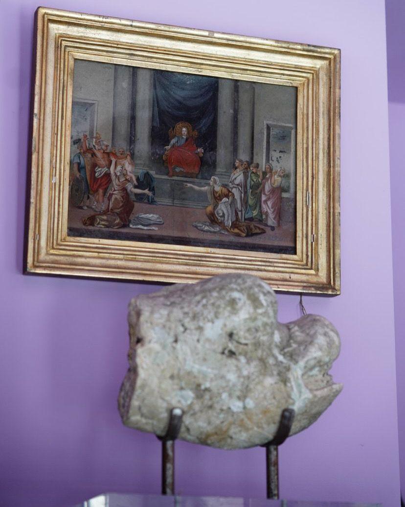 Das Gemälde Das Urteil Salomos unter Glas nach einer Originalzeichnung von Nicolas Poussin aus dem Jahr 1649 im Louvre-Museum, Paris.
Portugiesische Schule der zweiten Hälfte des 18. Jahrhunderts.